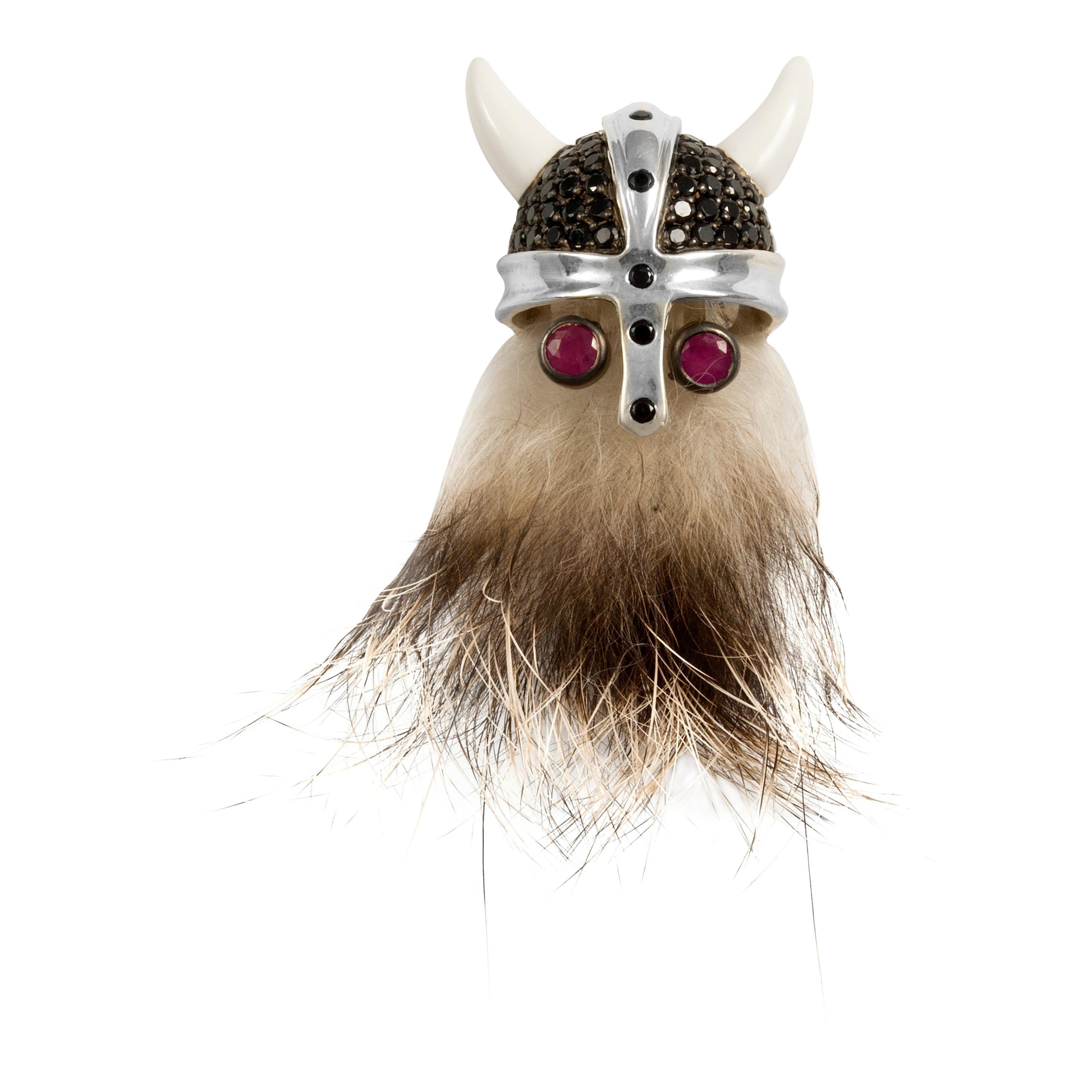 Sterling Silver Hairy Viking Lapel Pin With Black Spinel Helmet With Ruby Eyes