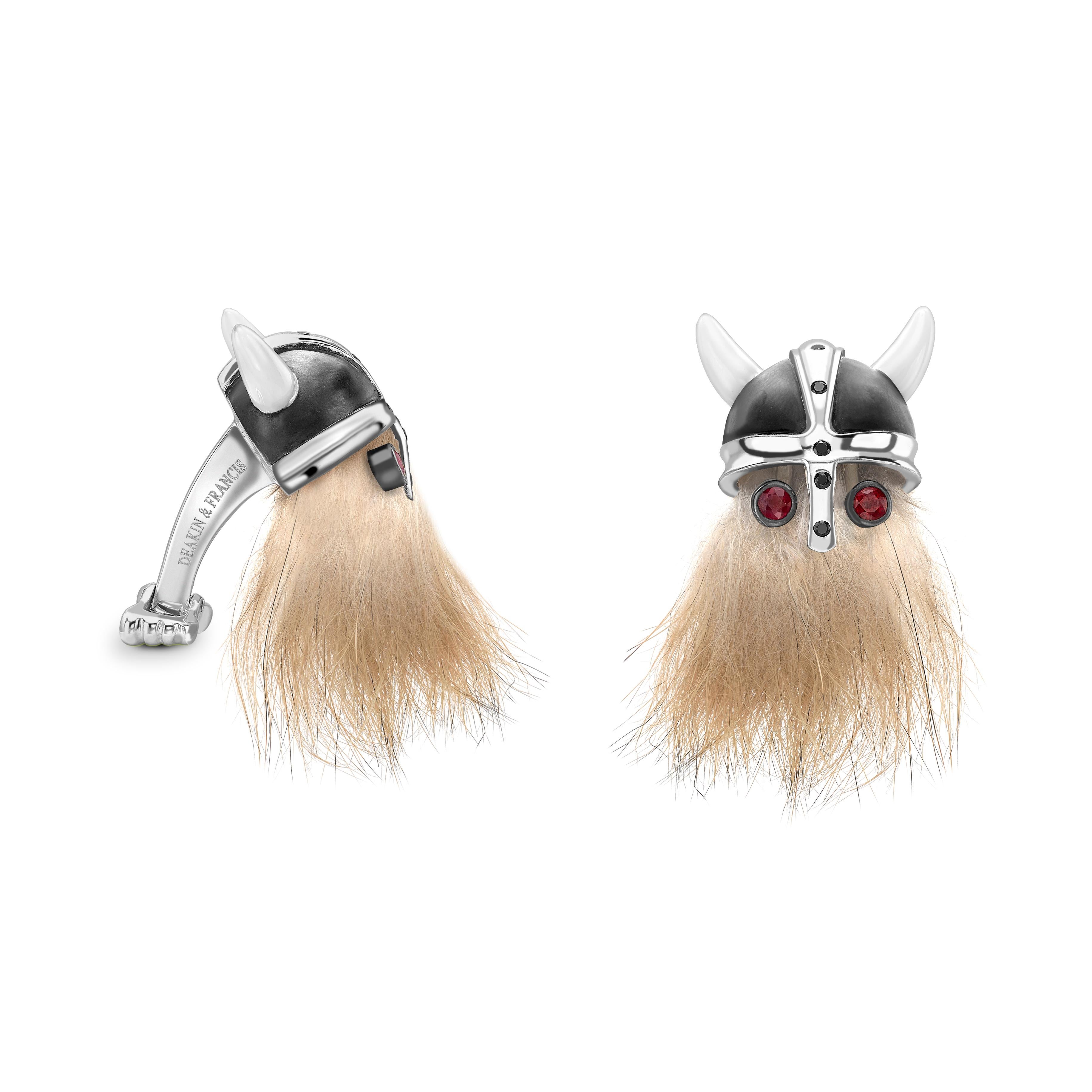 DEAKIN & FRANCIS, Piccadilly Arcade, London

Inspired by Scandinavian Pirates, these Viking Skull cufflinks feature a black helmet with ruby eyes skilfully fitted into a beard. Let your wild side stand out!
This Viking Skull design has a black