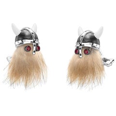 Sterling Silver Hairy Viking Skull with Black Helmet and Ruby Eye Cufflinks