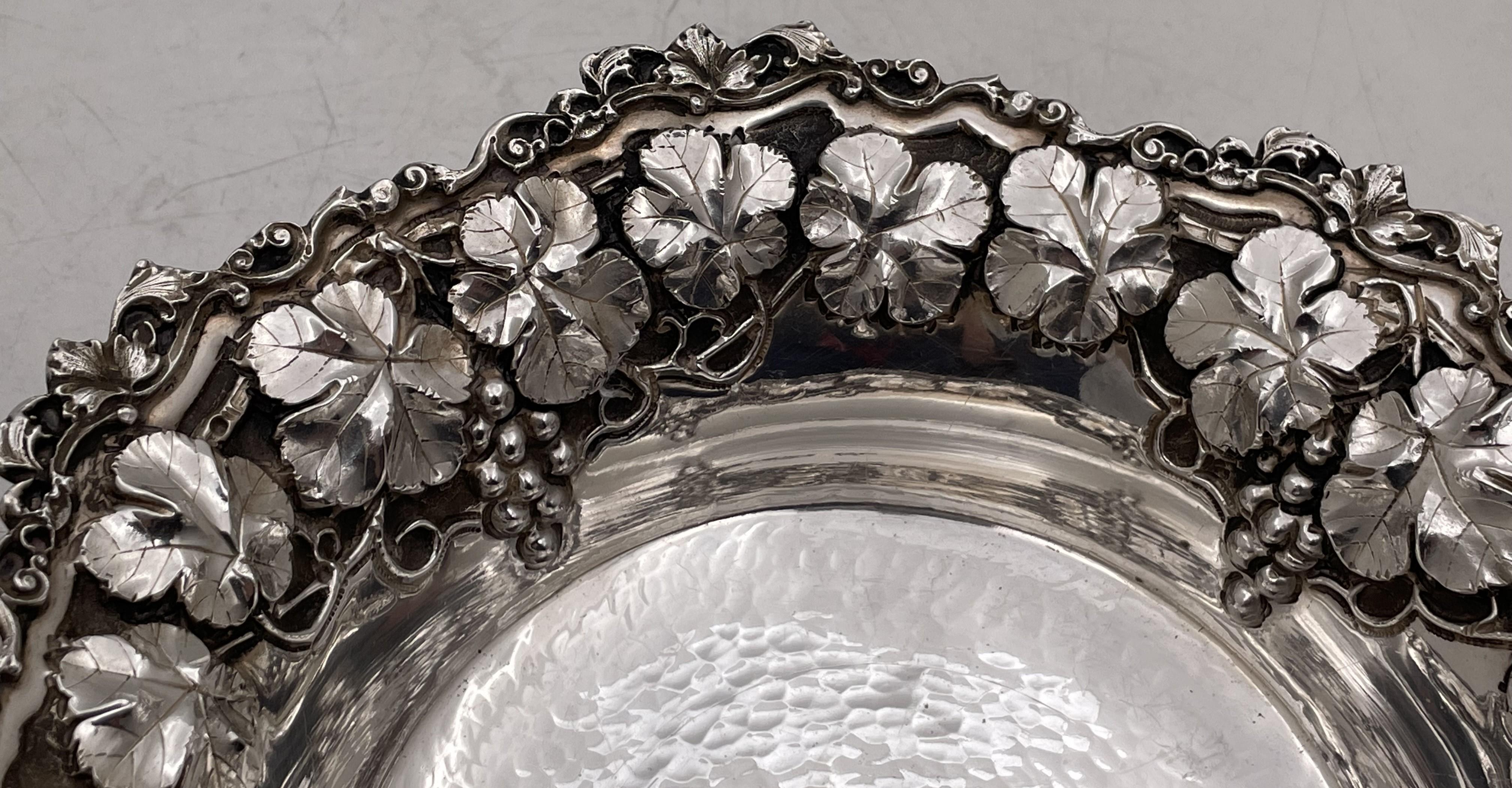 Repoussé Sterling Silver Hammered Repousse Bowl with Leaves & Vine Motifs For Sale