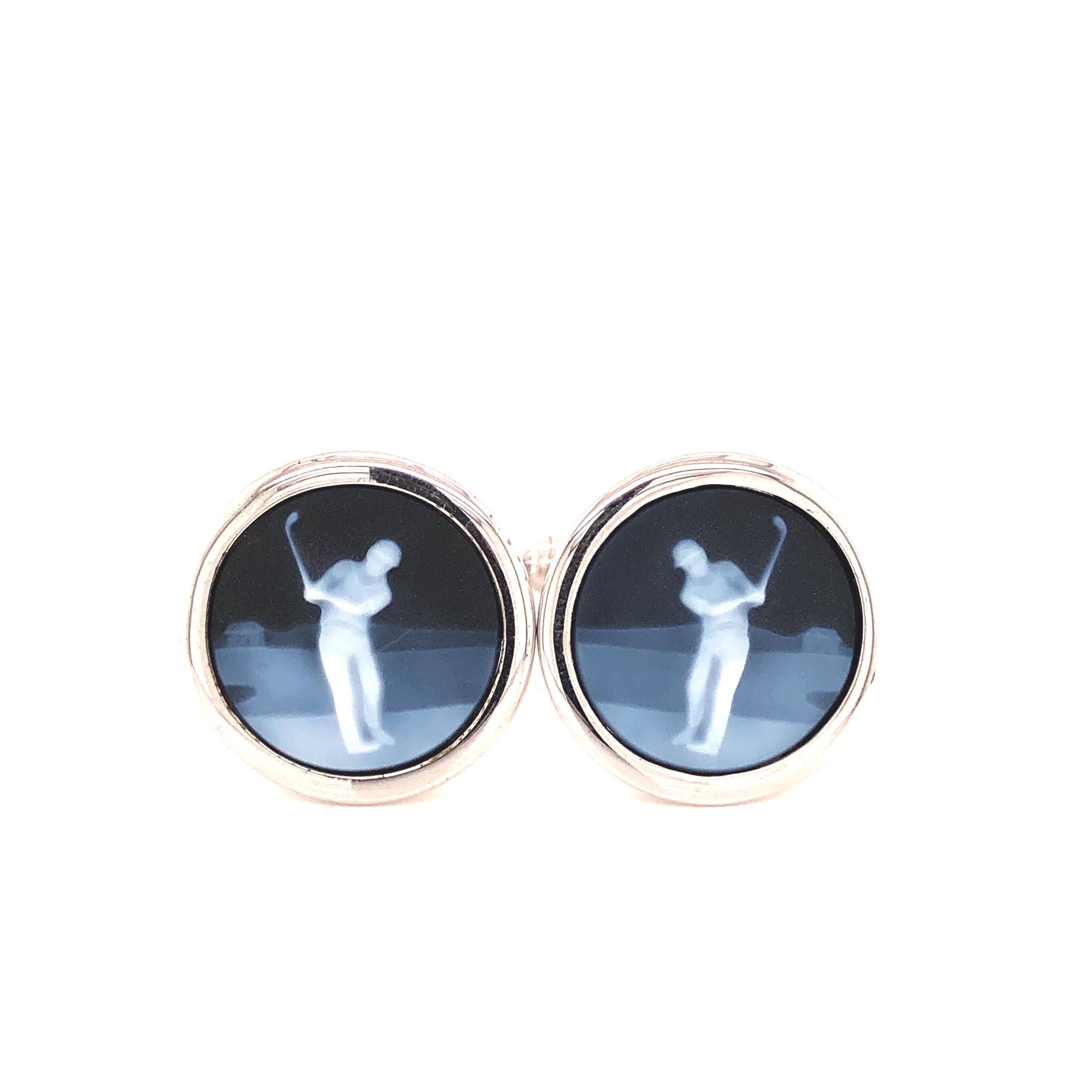 Sterling Silver Hand-Carved Chalcedony Agate Cameo Golf Cufflinks For Sale 5