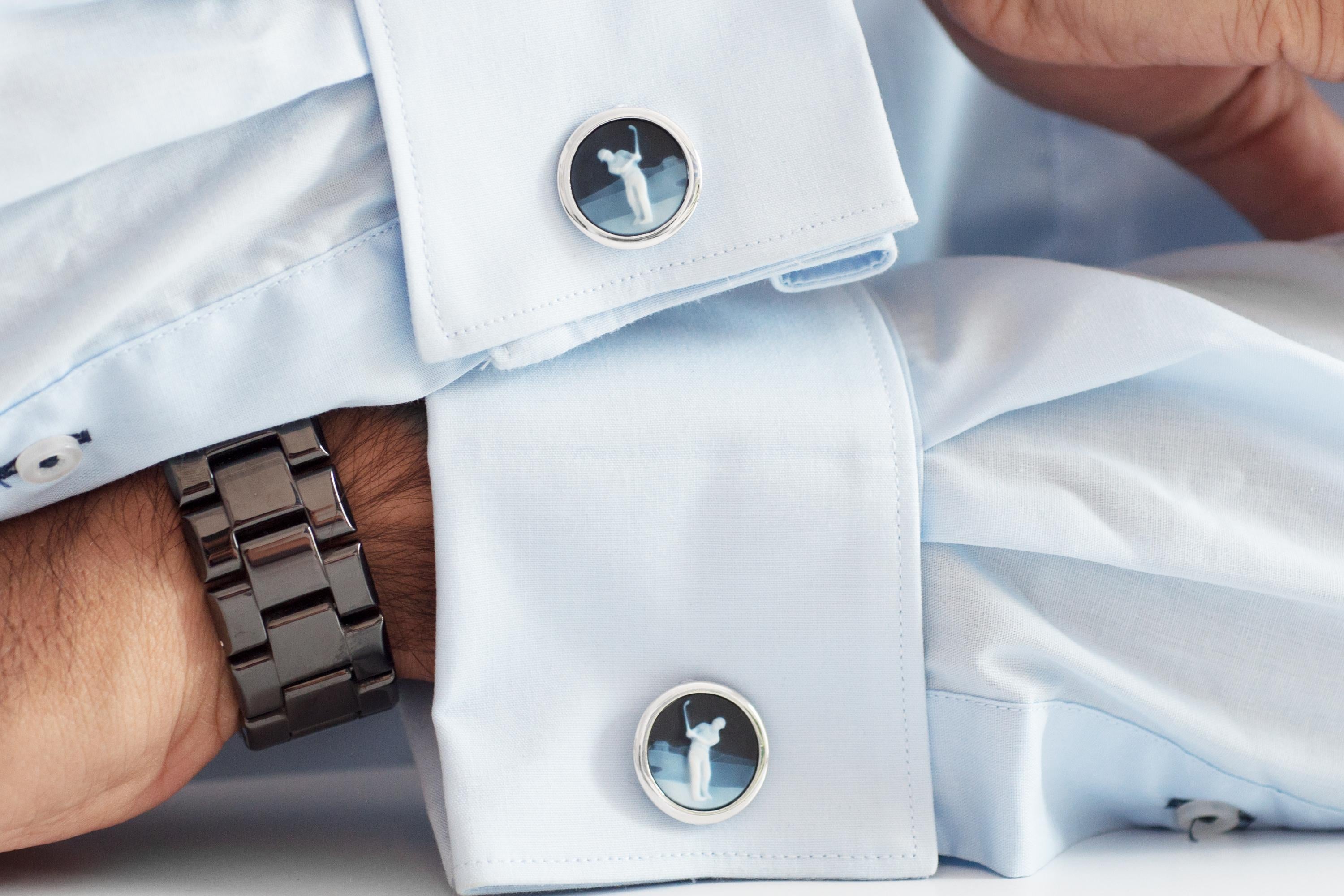 Sterling silver hand-carved chalcedony agate cameo golf cufflinks.

“The most important shot in golf is the next one”. Golf cufflinks are exclusively crafted for the delight of all those golf lovers. It celebrates the game of mind and character.
