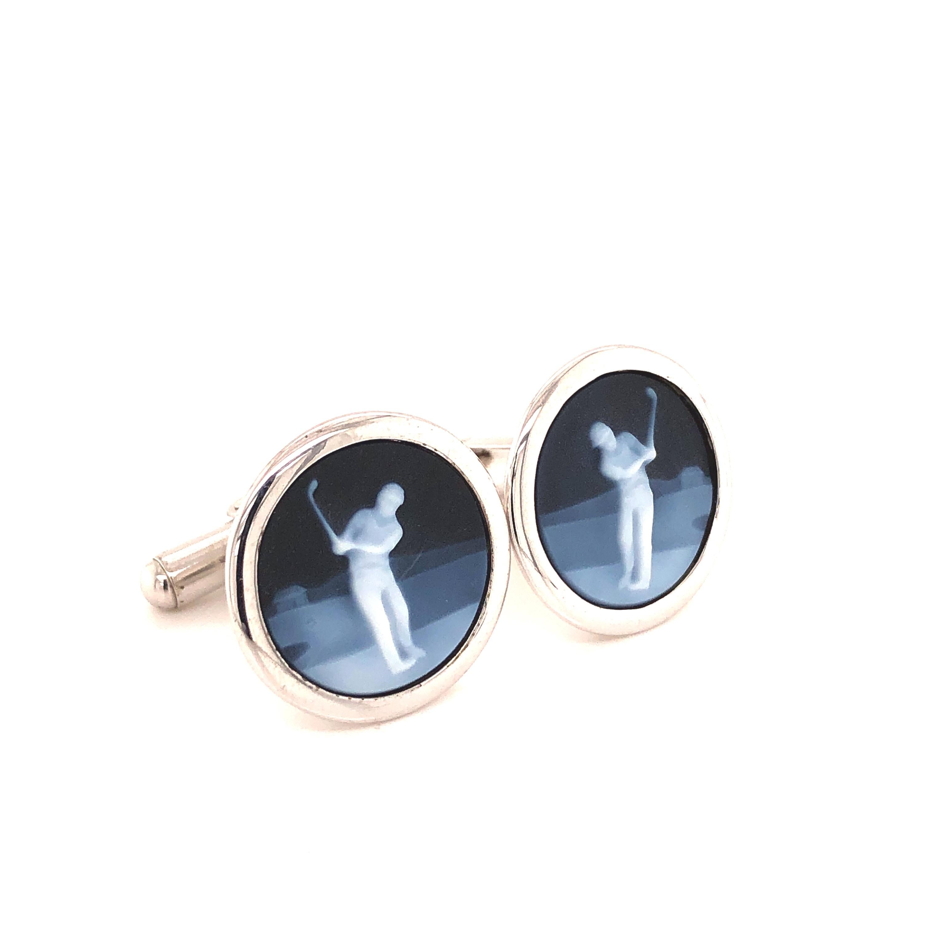 Sterling Silver Hand-Carved Chalcedony Agate Cameo Golf Cufflinks For Sale 1