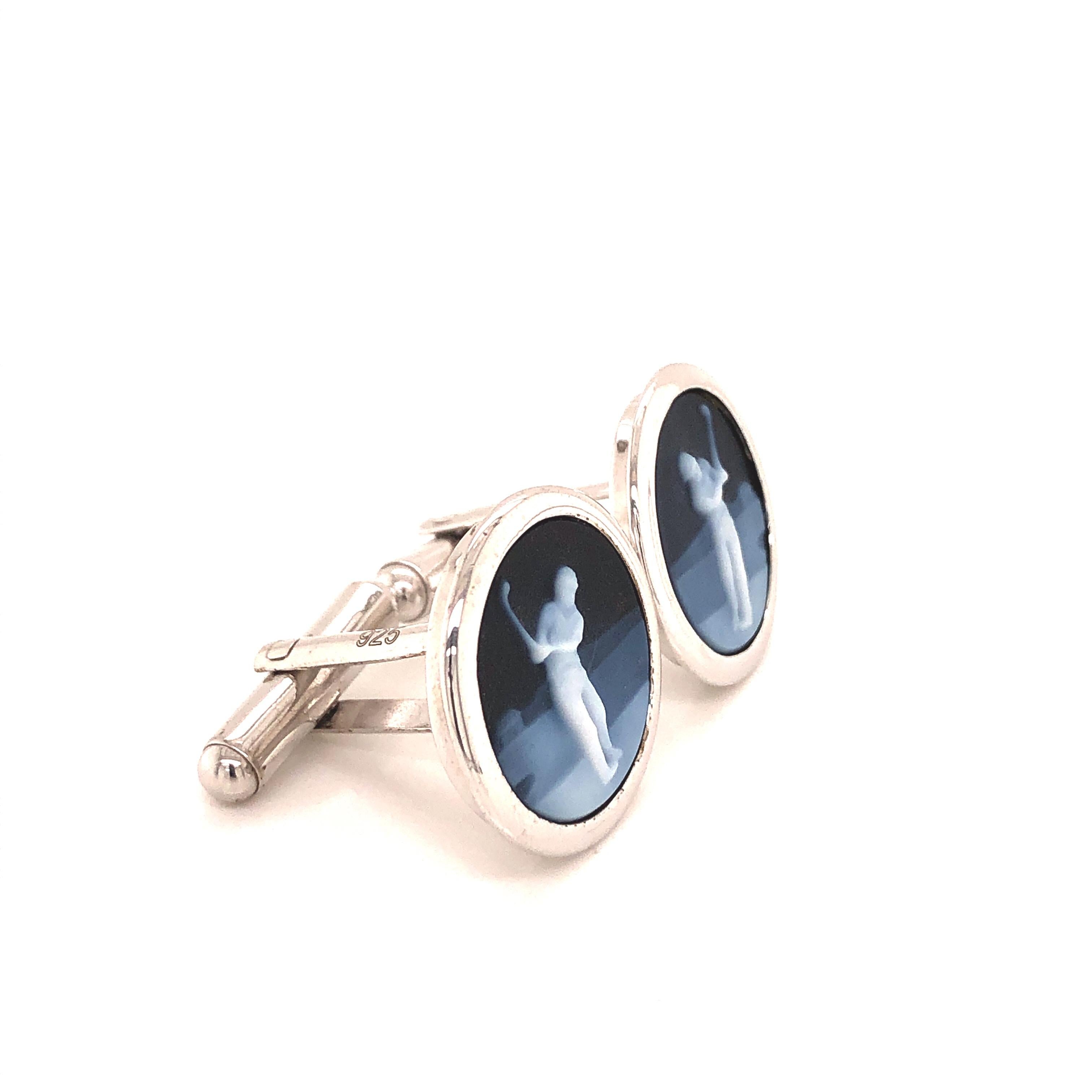 Sterling Silver Hand-Carved Chalcedony Agate Cameo Golf Cufflinks For Sale 2