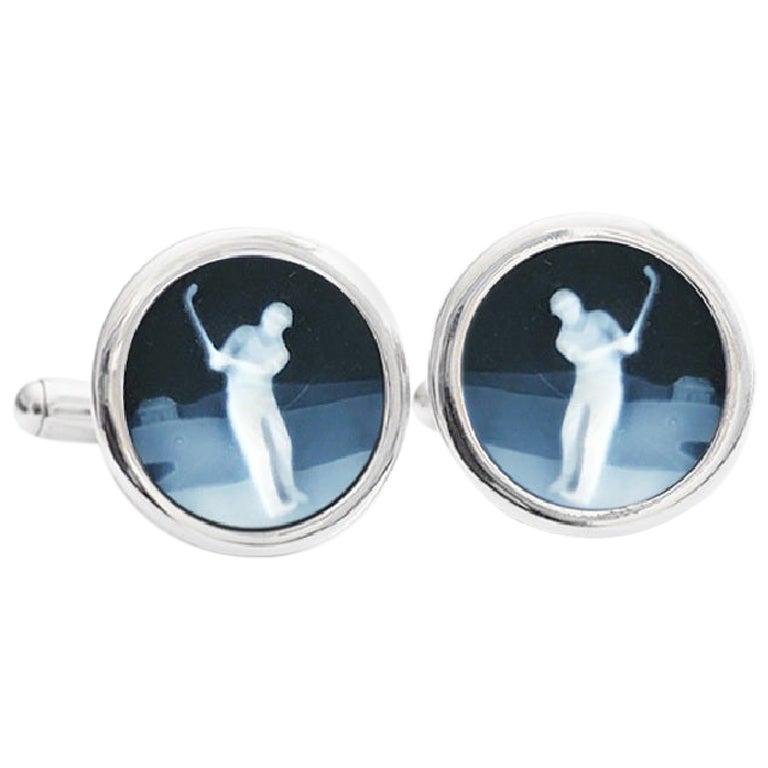 Sterling Silver Hand-Carved Chalcedony Agate Cameo Golf Cufflinks For Sale