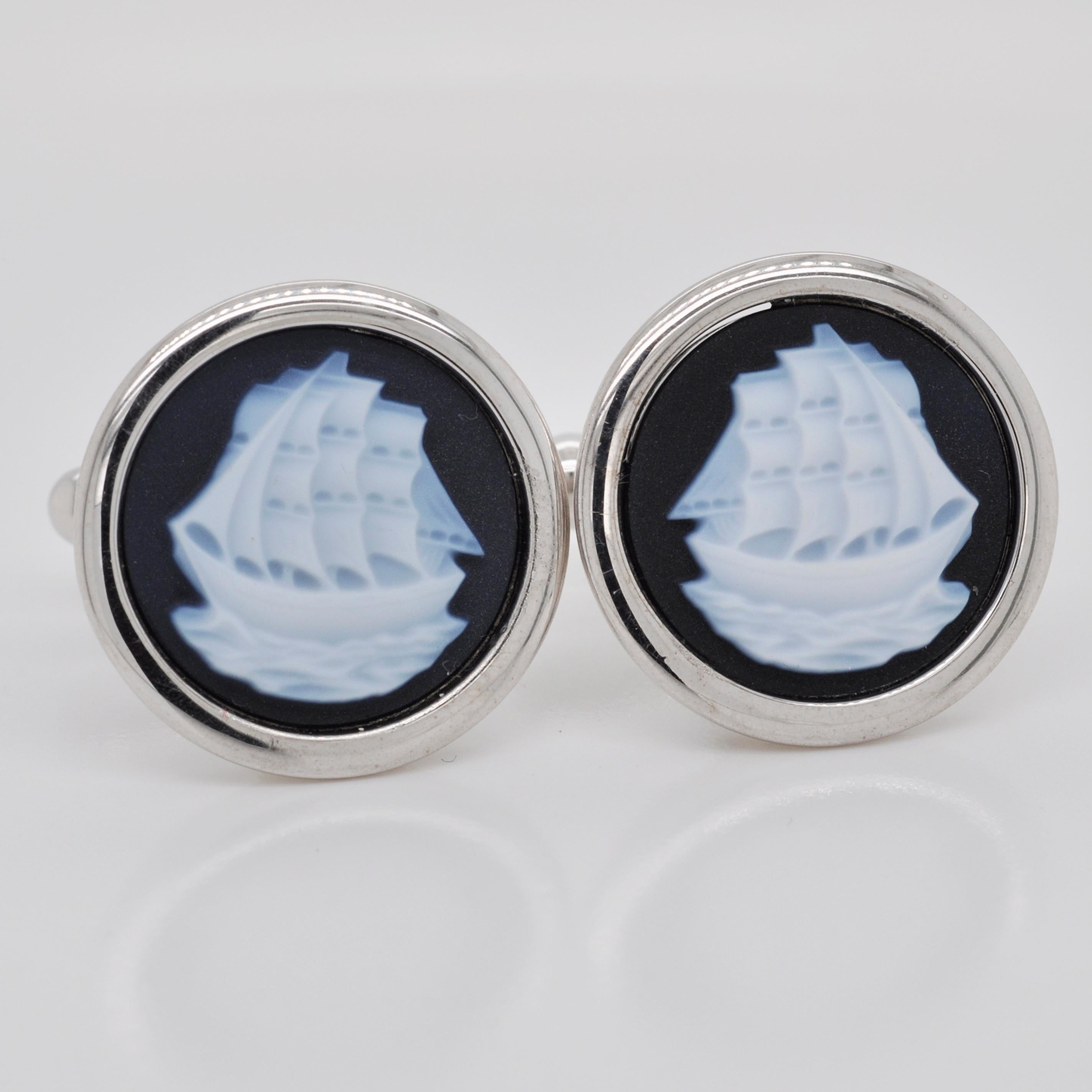 Artist Sterling Silver Hand Carved Chalcedony Ship Yacht Cufflinks For Sale