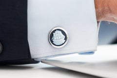 Sterling Silver Hand Carved Chalcedony Ship Yacht Cufflinks