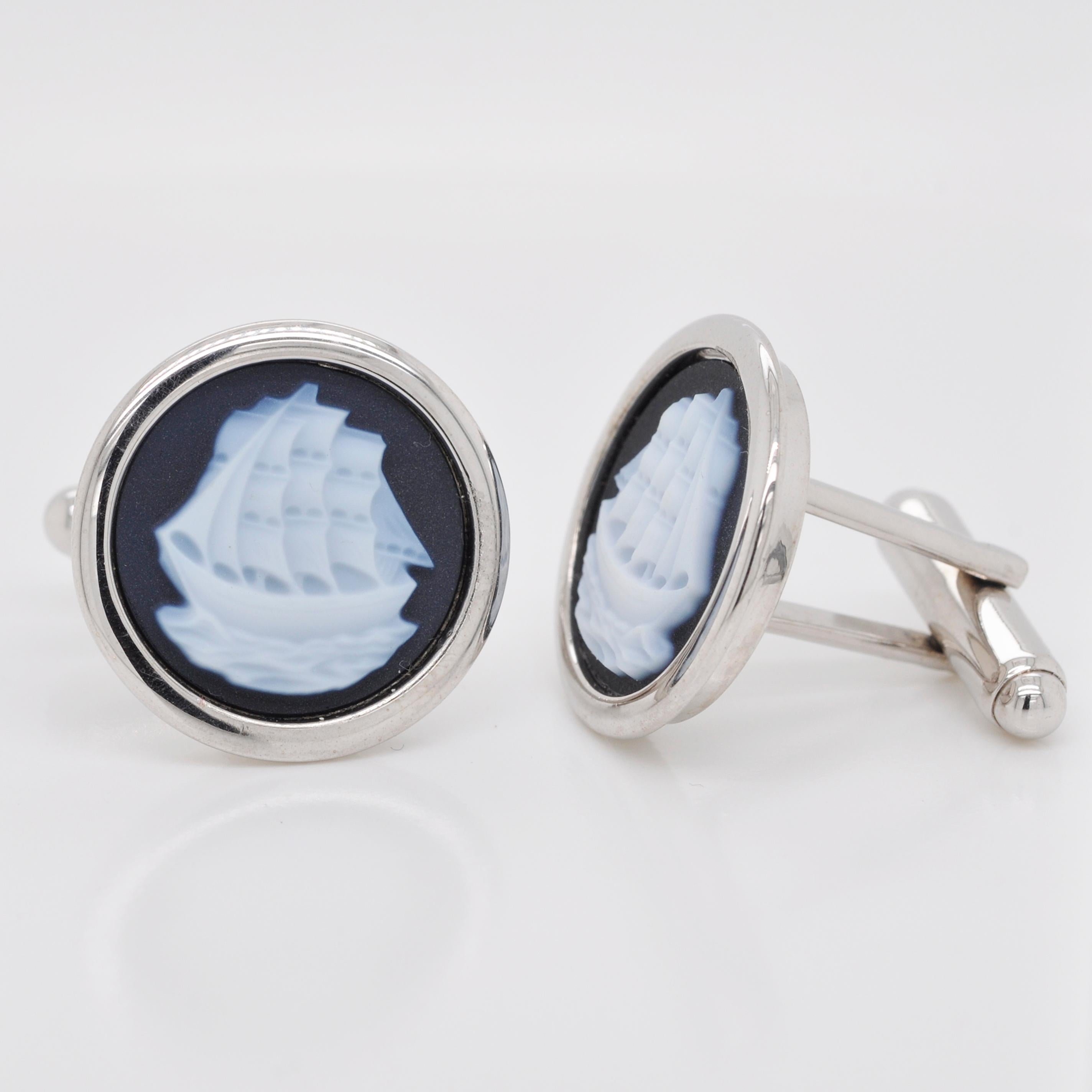 Round Cut Sterling Silver Hand Carved Chalcedony Ship Yacht Cufflinks For Sale