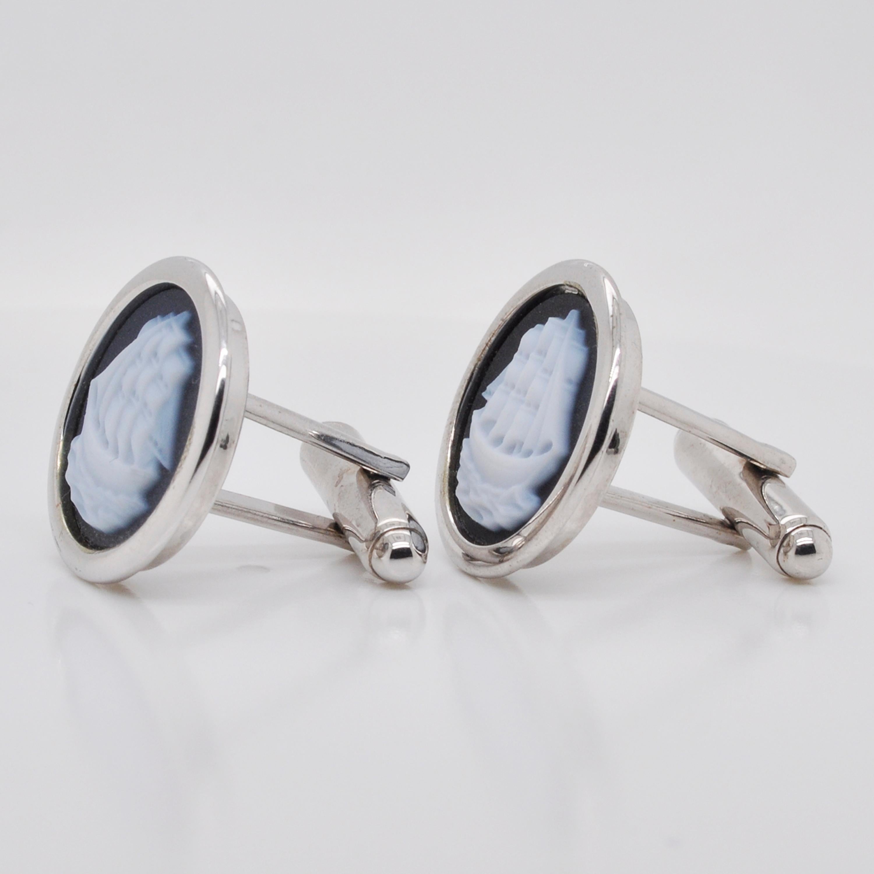 Men's Sterling Silver Hand Carved Chalcedony Ship Yacht Cufflinks For Sale