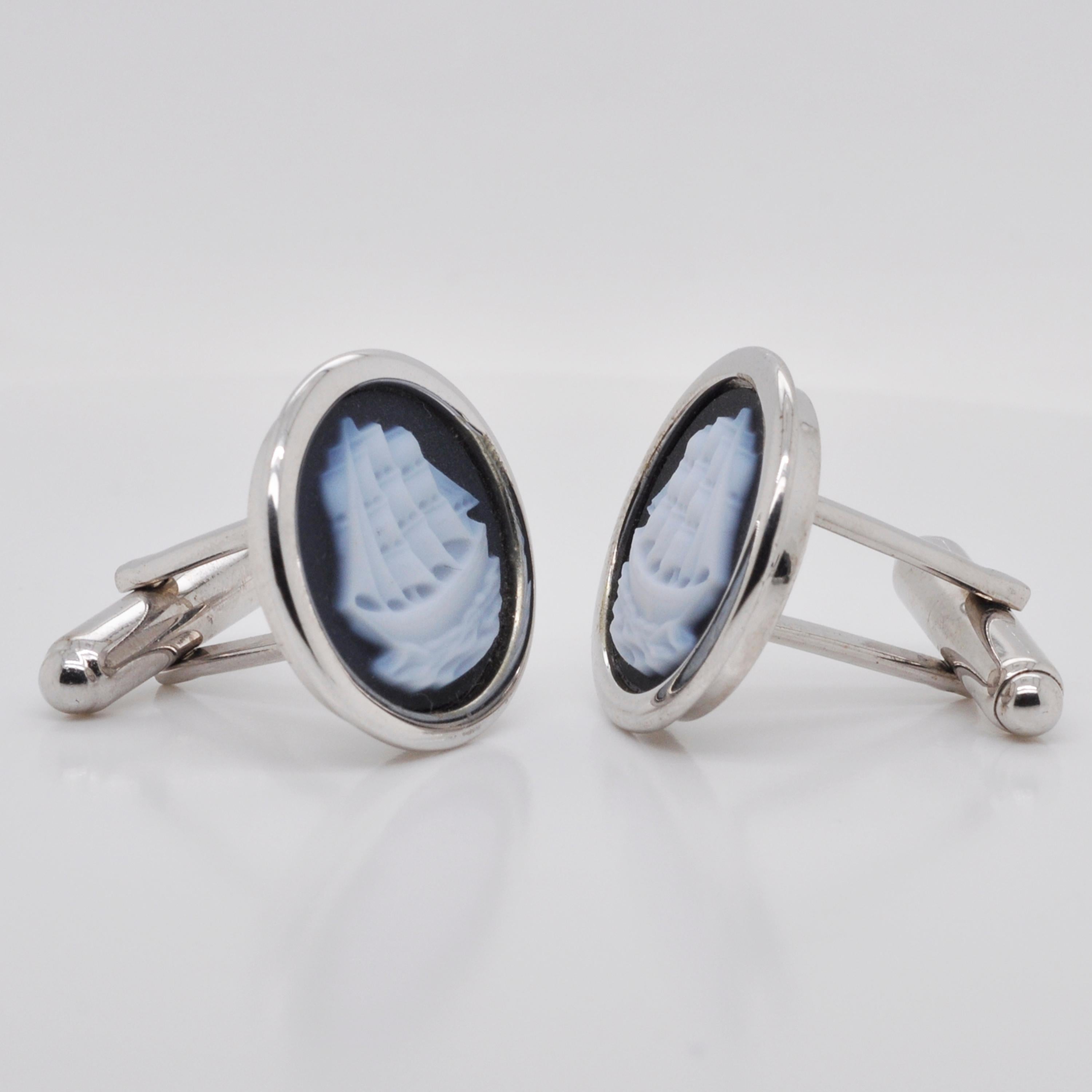 Sterling Silver Hand Carved Chalcedony Ship Yacht Cufflinks For Sale 2