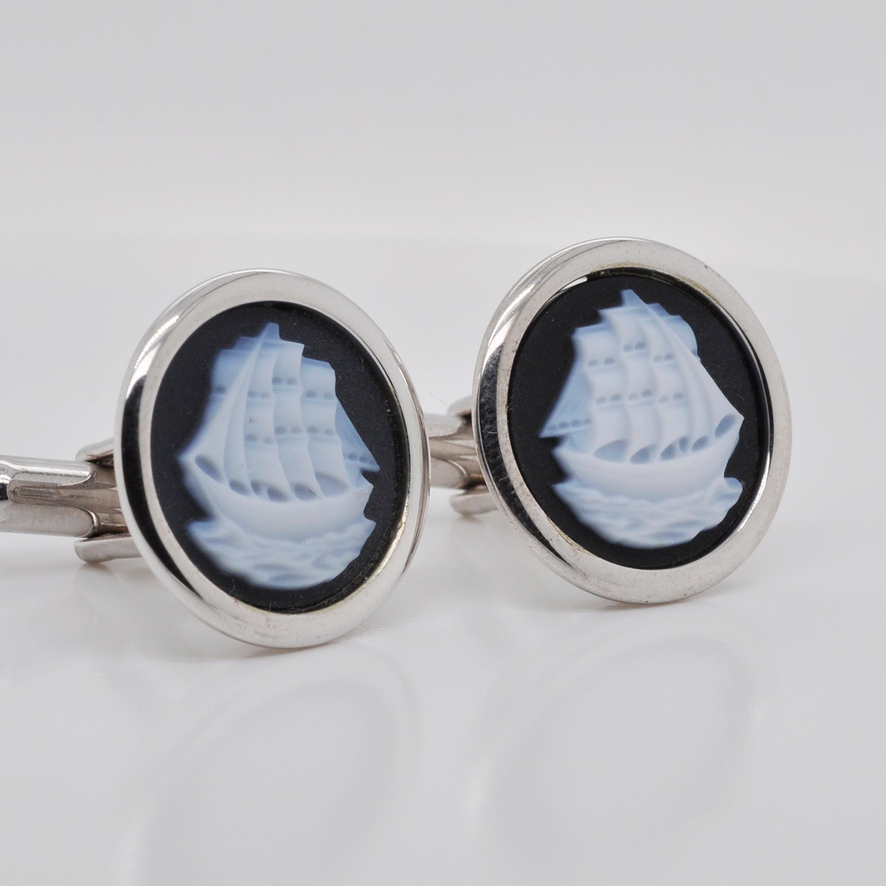 Sterling Silver Hand Carved Chalcedony Ship Yacht Cufflinks For Sale 3