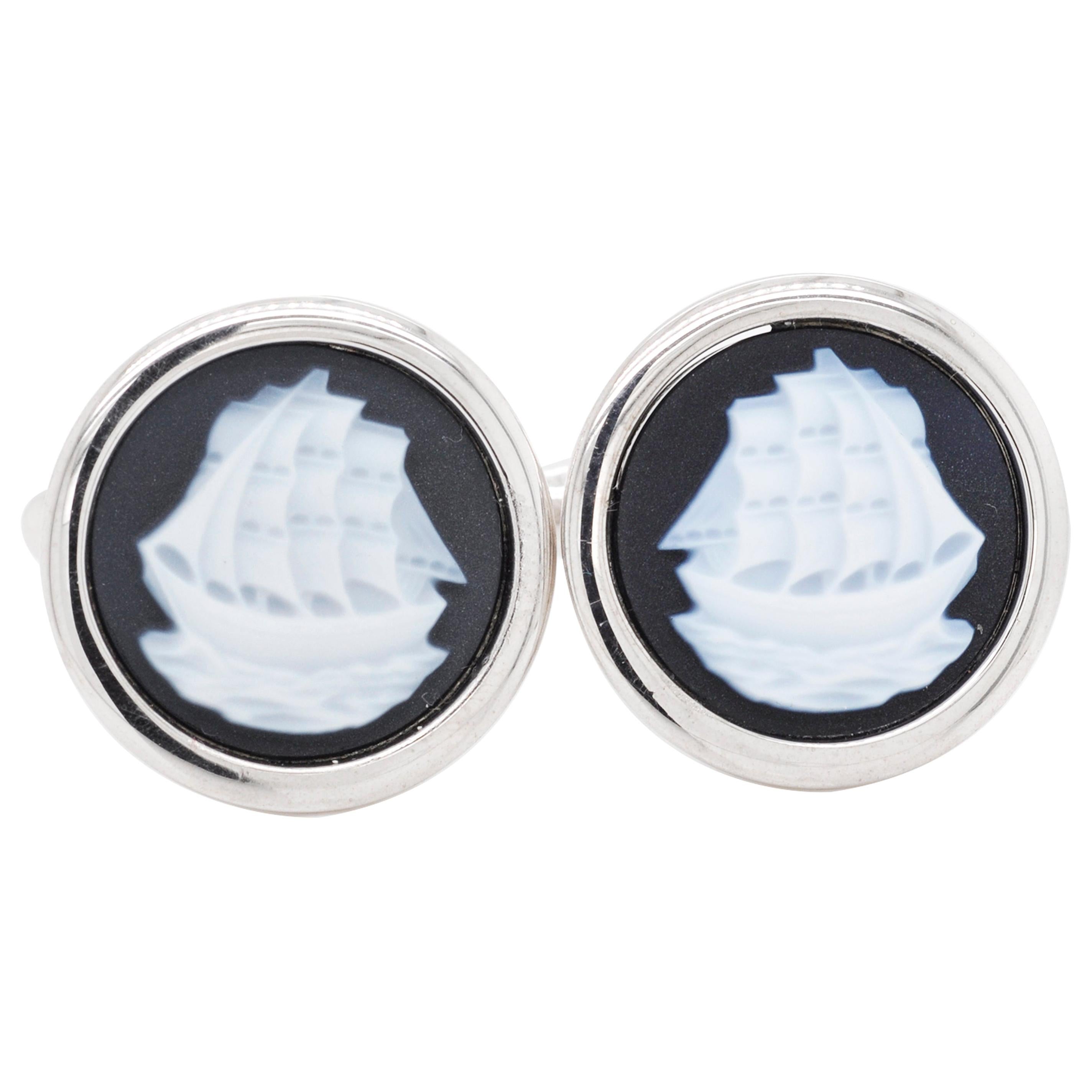 Sterling Silver Hand Carved Chalcedony Ship Yacht Cufflinks