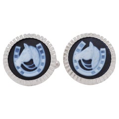 Sterling Silver Hand-Carved Horse Shoe Agate Cameo Cufflinks in Rolex Dial