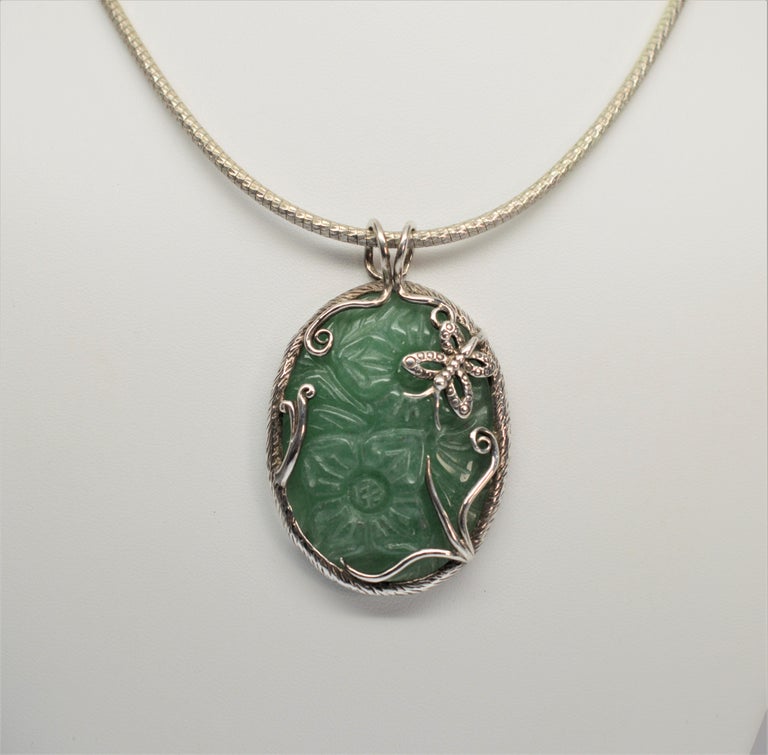 Sterling Silver Handcarved Jade Stone Pendant Necklace at 1stDibs