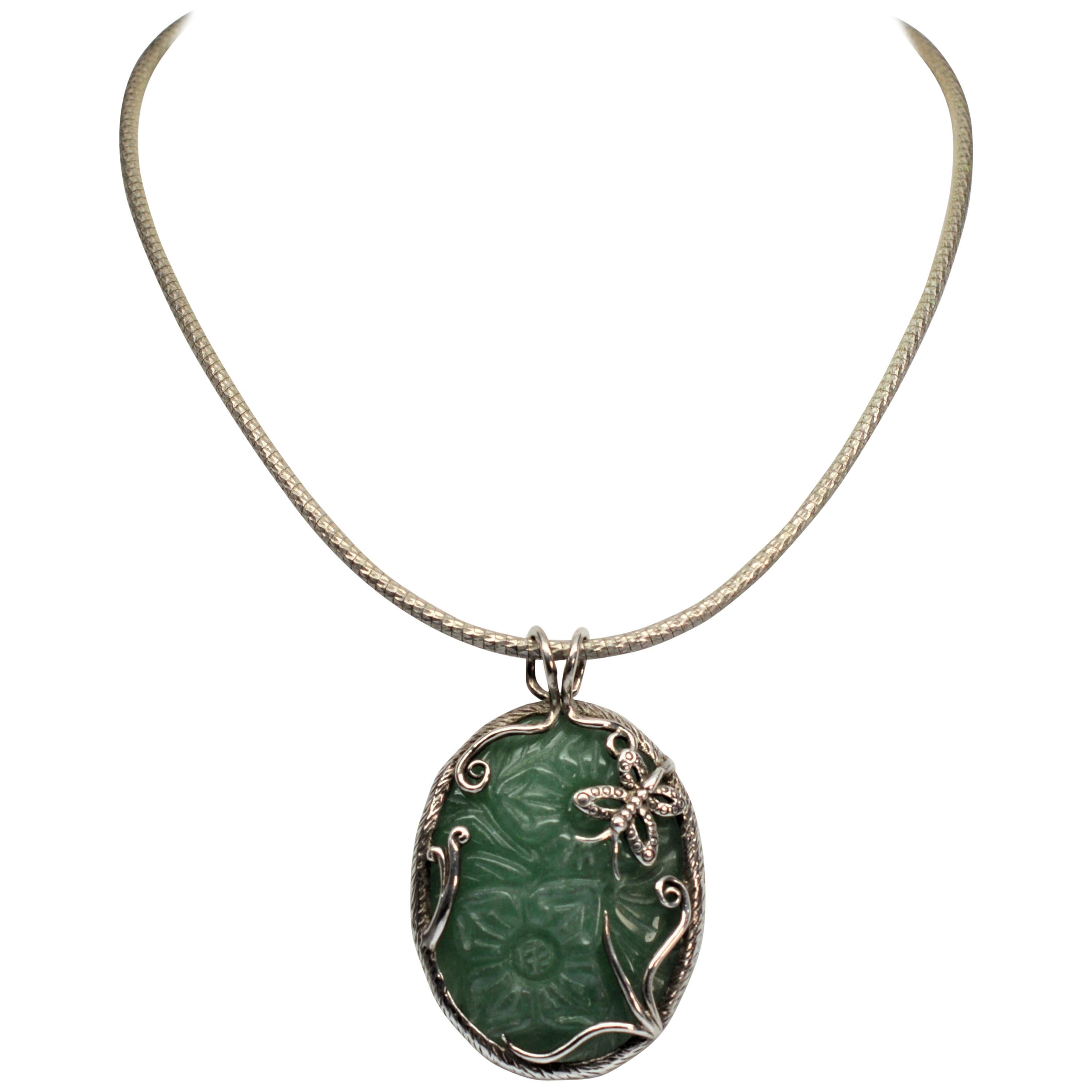 Sterling Silver Hand-carved Jade Stone Pendant Necklace