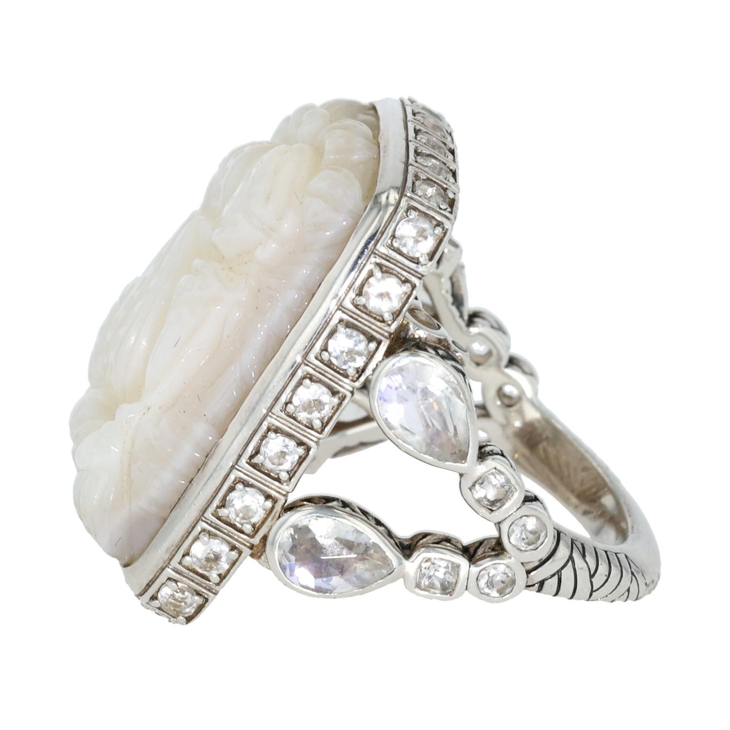 Modern Sterling Silver Hand-Carved Mother of Pearl, Rainbow Moonstone and Quartz Ring For Sale