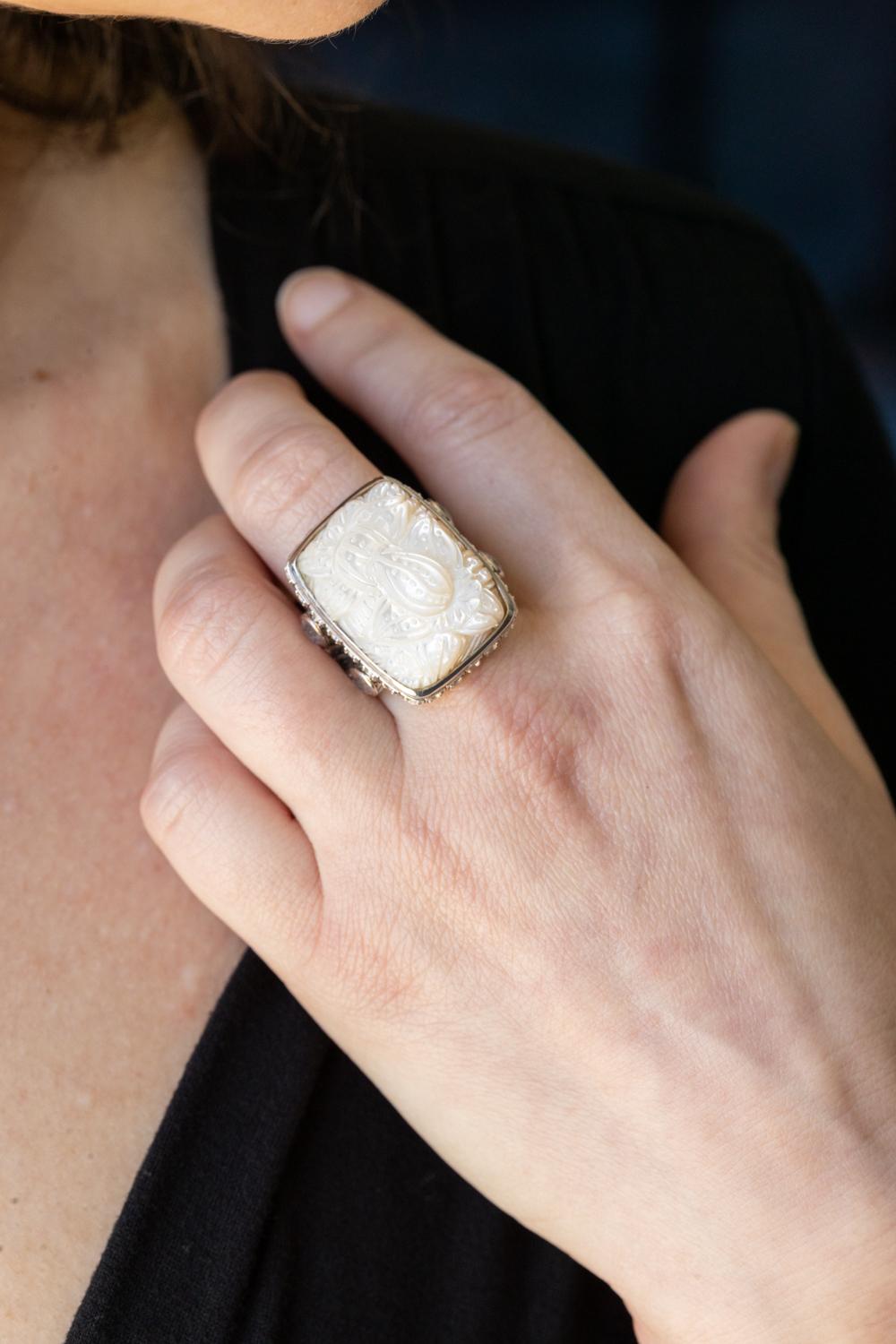 Mixed Cut Sterling Silver Hand-Carved Mother of Pearl, Rainbow Moonstone and Quartz Ring For Sale