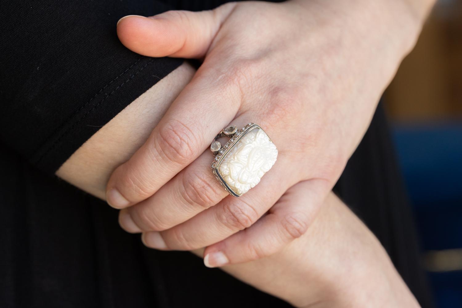Women's Sterling Silver Hand-Carved Mother of Pearl, Rainbow Moonstone and Quartz Ring For Sale