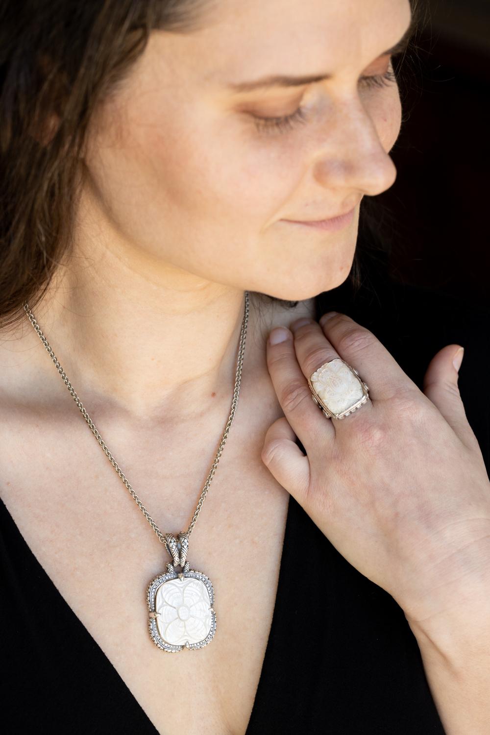 Sterling Silver Hand-Carved Mother of Pearl, Rainbow Moonstone and Quartz Ring For Sale 1