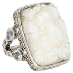 Sterling Silver Hand-Carved Mother of Pearl, Rainbow Moonstone and Quartz Ring 