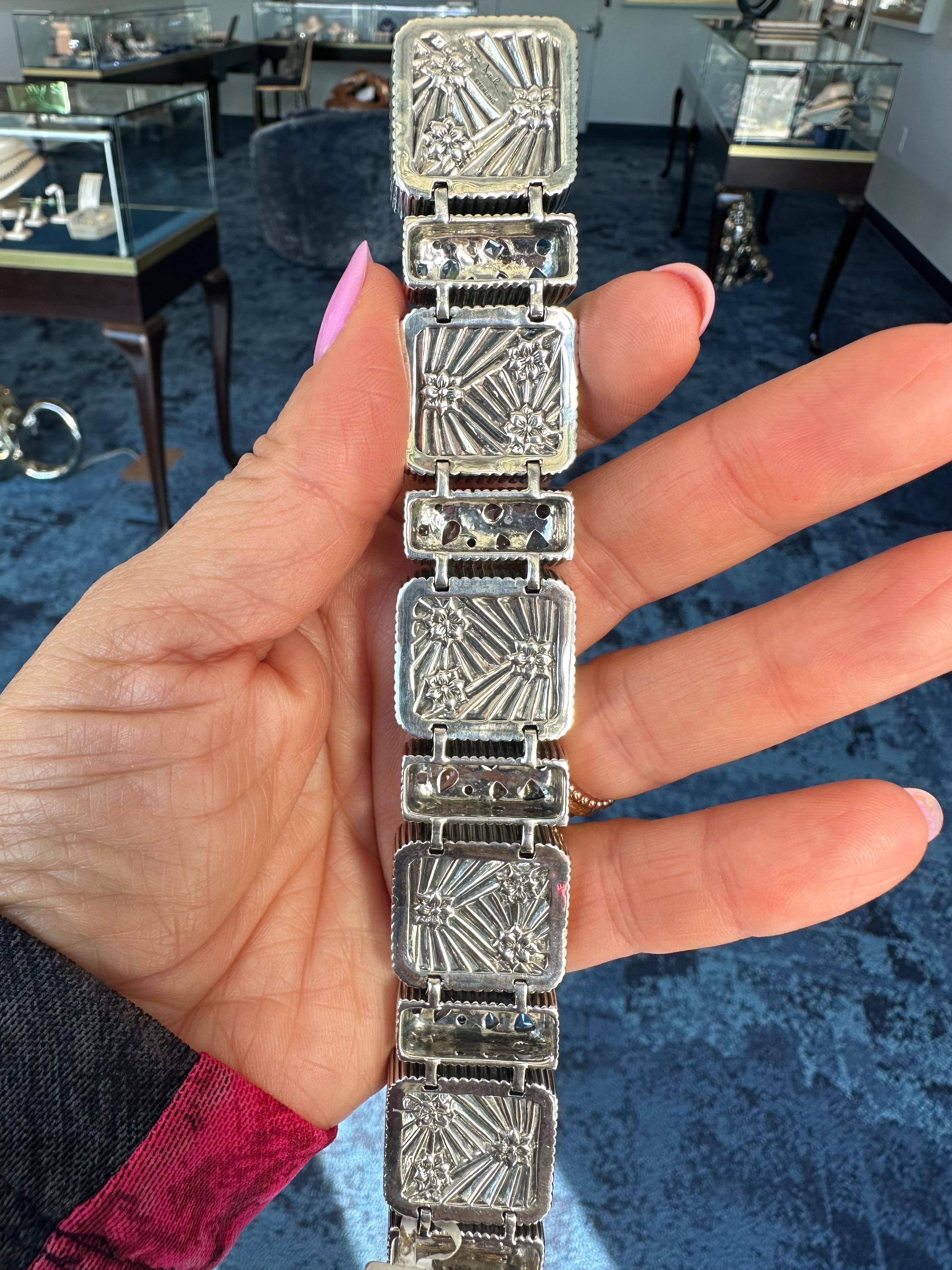Modern Sterling Silver Hand-Carved Mother of Pearl, Swiss & London Blue Topaz Bracelet