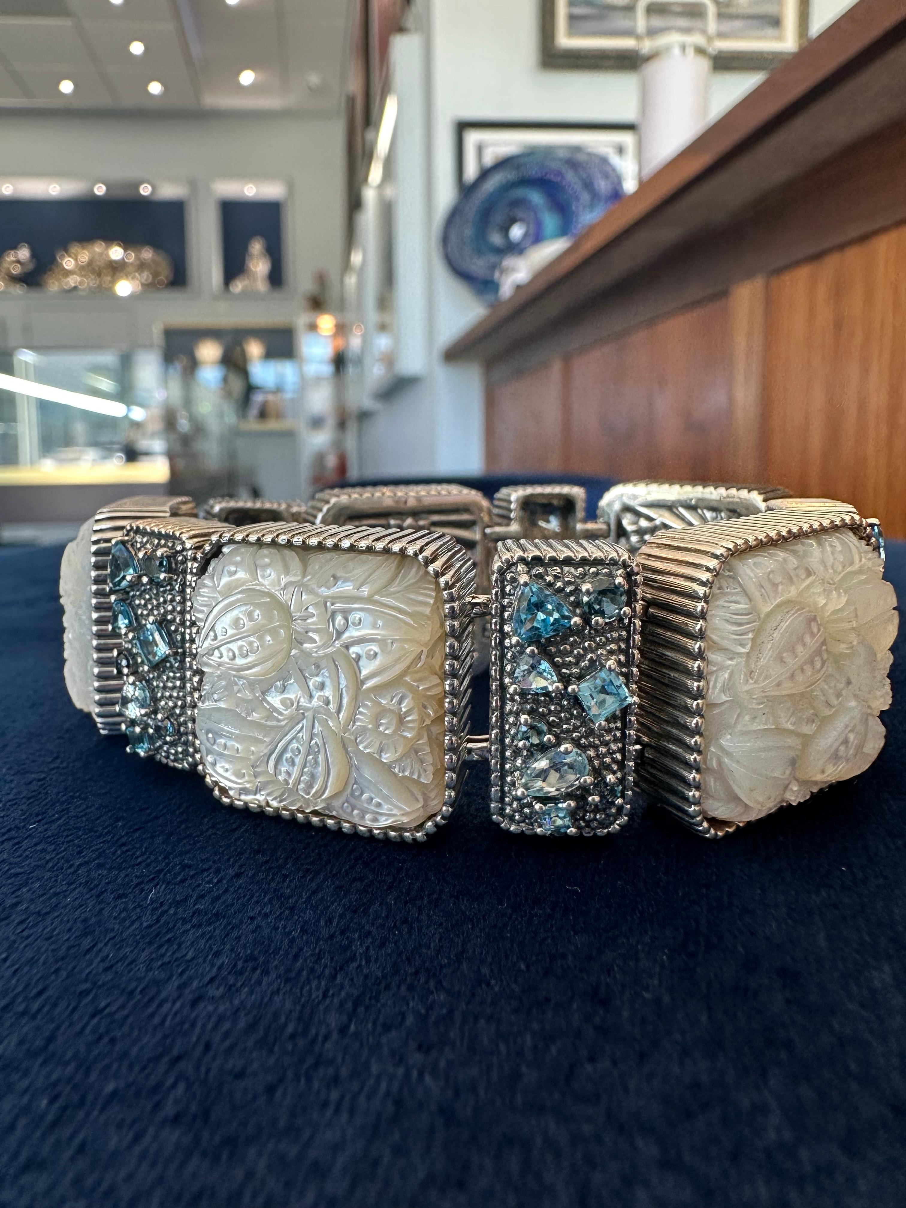 Sterling Silver Hand-Carved Mother of Pearl, Swiss & London Blue Topaz Bracelet In New Condition In Virginia Beach, VA