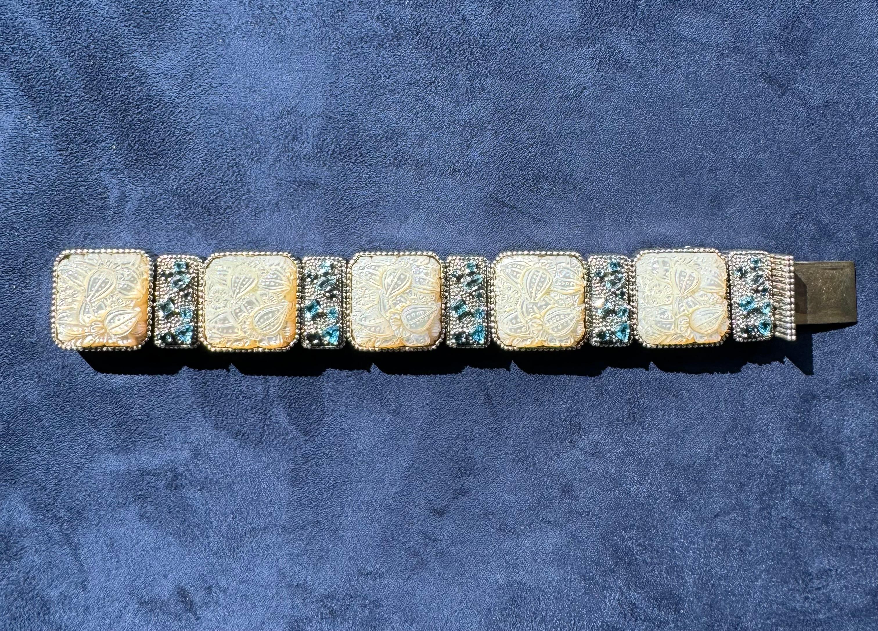 Women's Sterling Silver Hand-Carved Mother of Pearl, Swiss & London Blue Topaz Bracelet