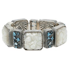 Sterling Silver Hand-Carved Mother of Pearl, Swiss & London Blue Topaz Bracelet