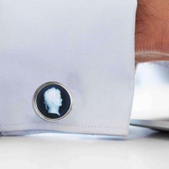 Sterling Silber Hand geschnitzt natürlichen Achat Roman Profil Kamee Manschettenknöpfe