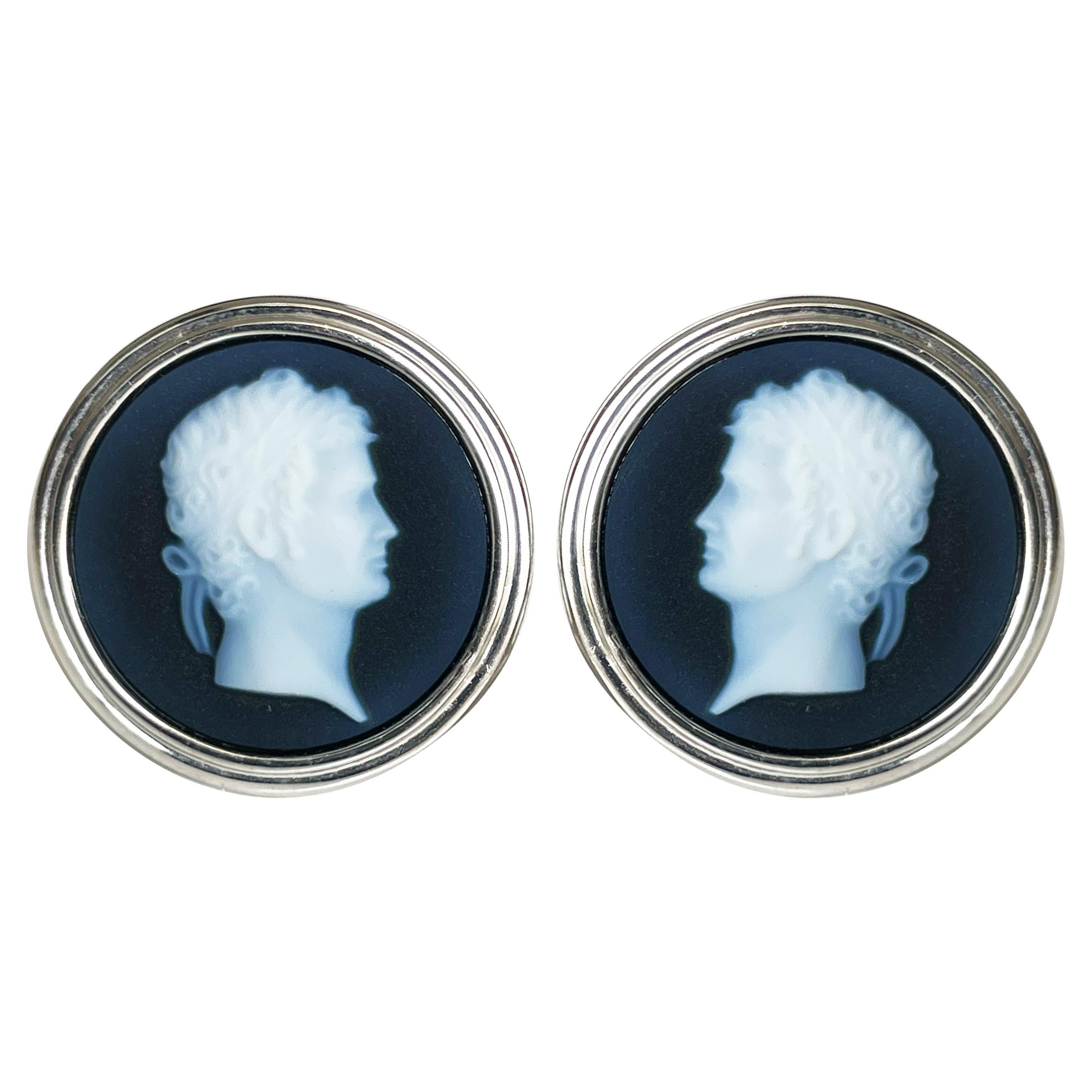 Boutons de manchette en argent Sterling en agate naturelle sculptée à la main et camée en forme de profil romain en vente