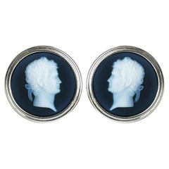 Sterling Silver Hand-Carved Natural Agate Roman Profile Cameo Cufflinks