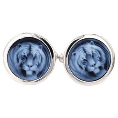Sterling Silver Hand-Carved Tiger Agate Cameo Cufflinks by Vaibhav Dhadda
