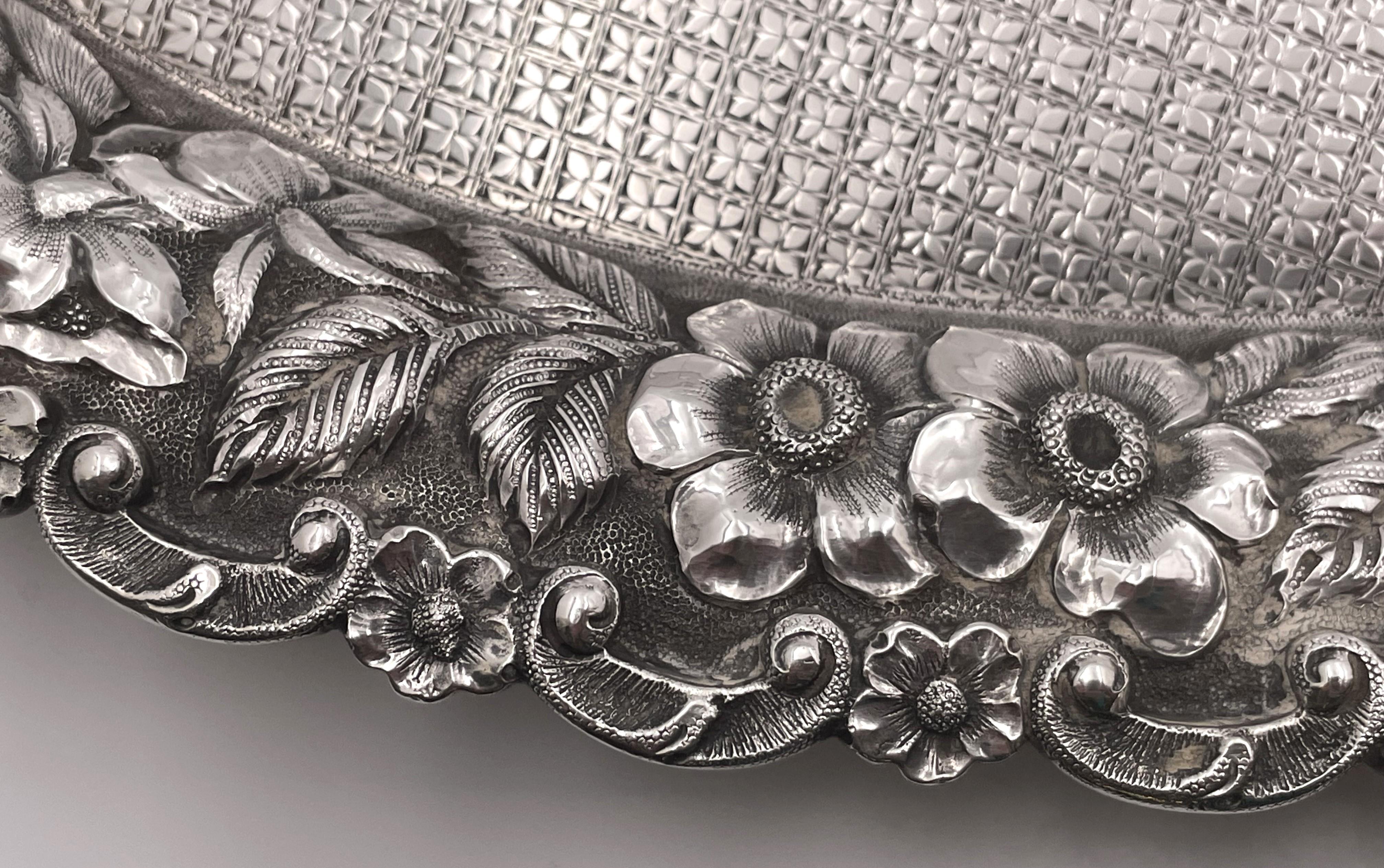 Repoussé Sterling Silver Hand Chased Diapered Tray in Rose Repousse Pattern For Sale
