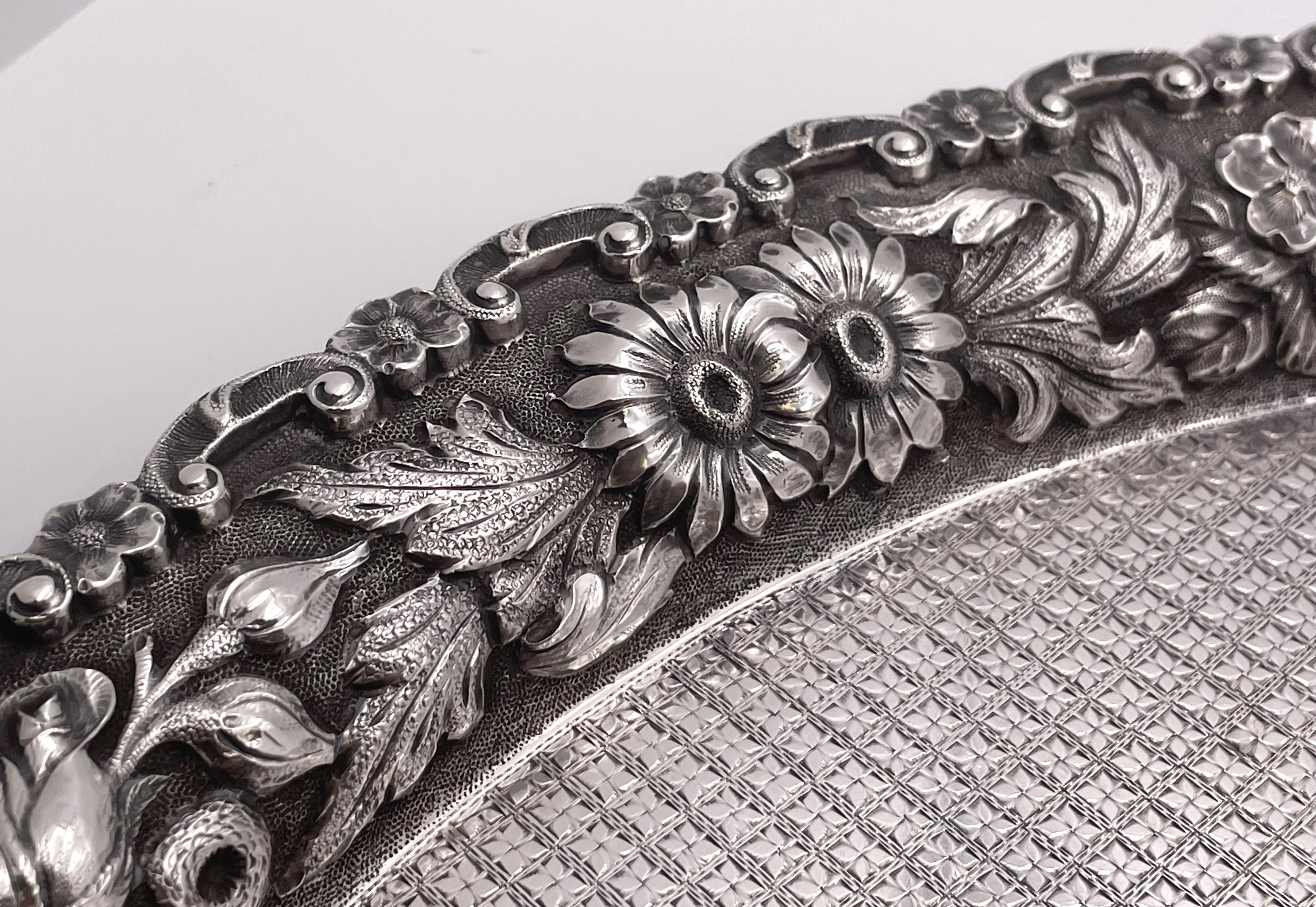 Sterling Silver Hand Chased Diapered Tray in Rose Repousse Pattern In Good Condition For Sale In New York, NY