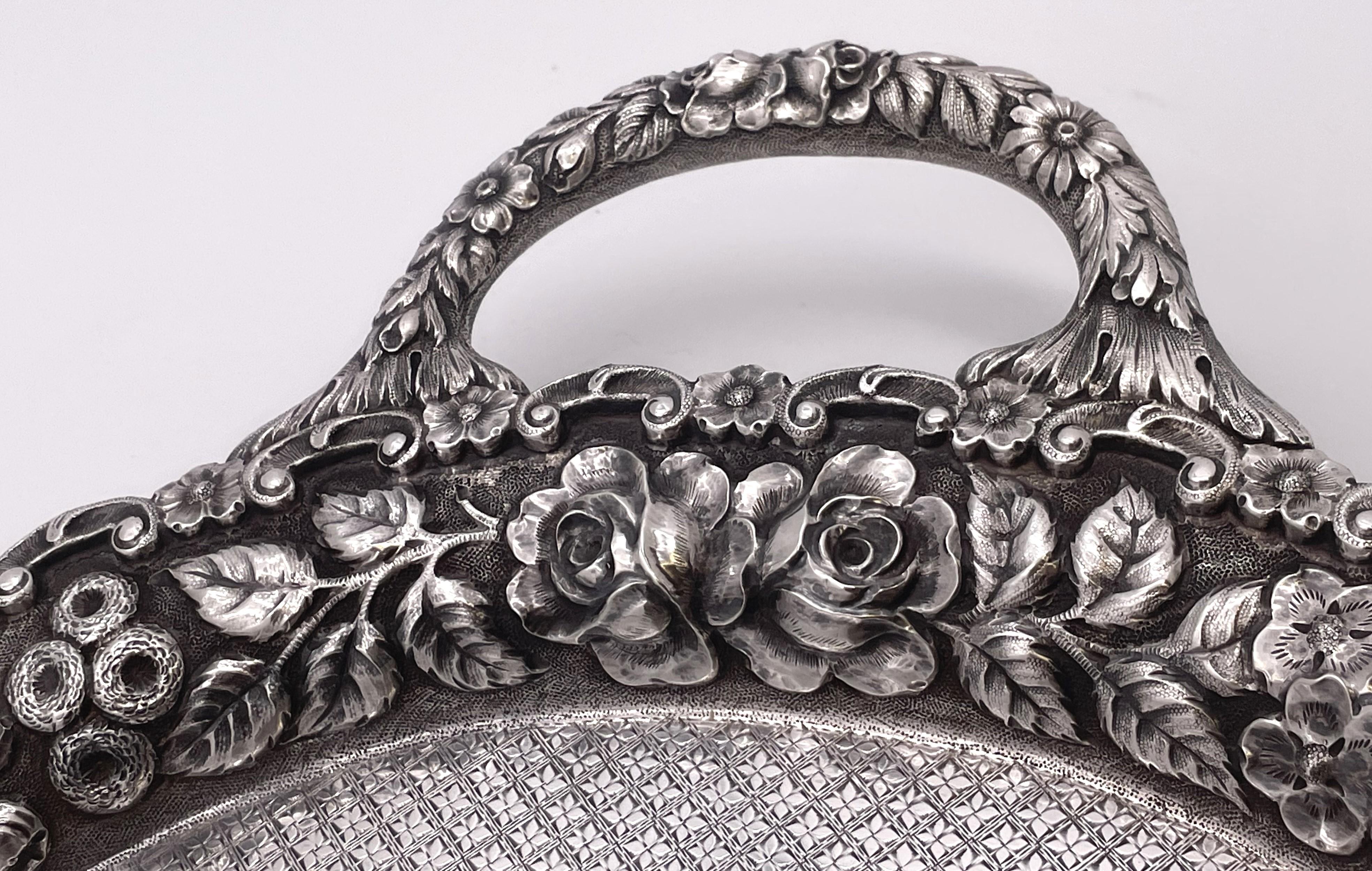 20th Century Sterling Silver Hand Chased Diapered Tray in Rose Repousse Pattern For Sale