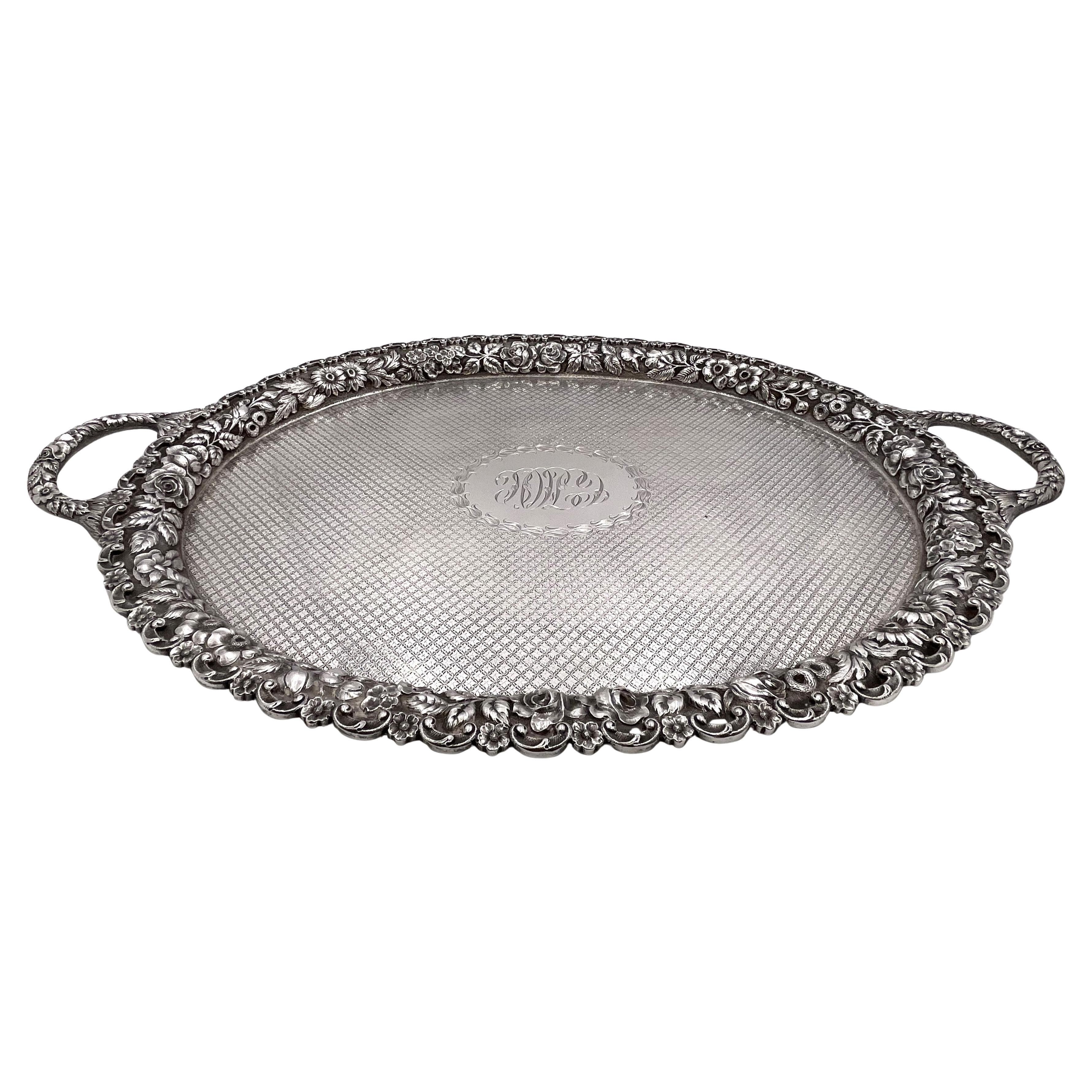 Sterling Silver Hand Chased Diapered Tray in Rose Repousse Pattern For Sale