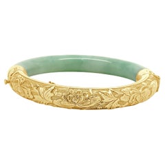 Sterling Silver Hand Engraved Jade Bangle Bracelet