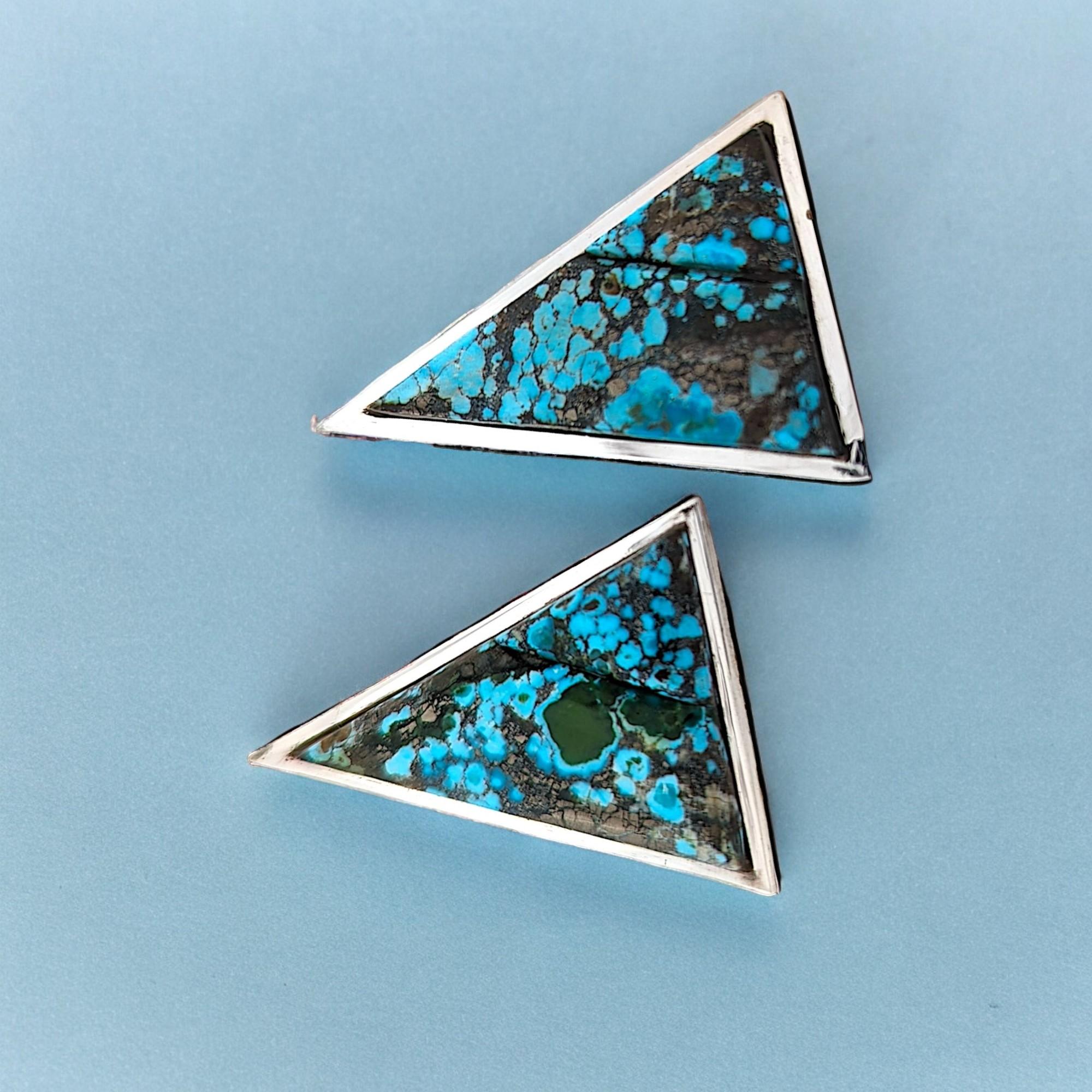 Artisan Sterling Silver- Hand Fabricated Kingman Turquoise - Cobblestone Earrings For Sale