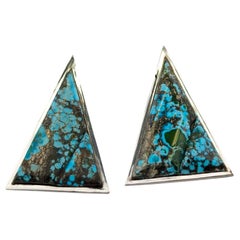 Used Sterling Silver- Hand Fabricated Kingman Turquoise - Cobblestone Earrings