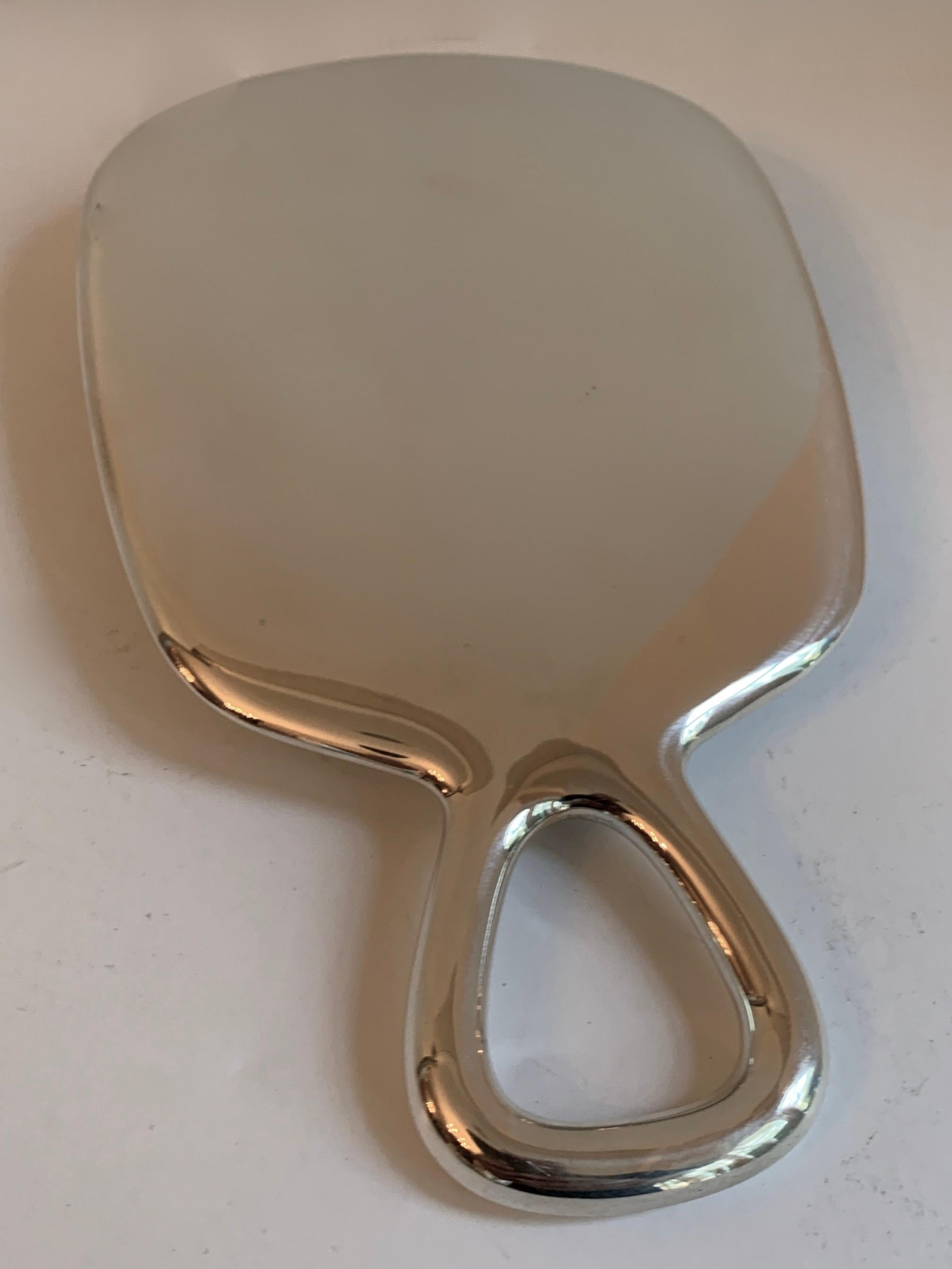 Polished Sterling Silver Hand Mirror with Modern Handle