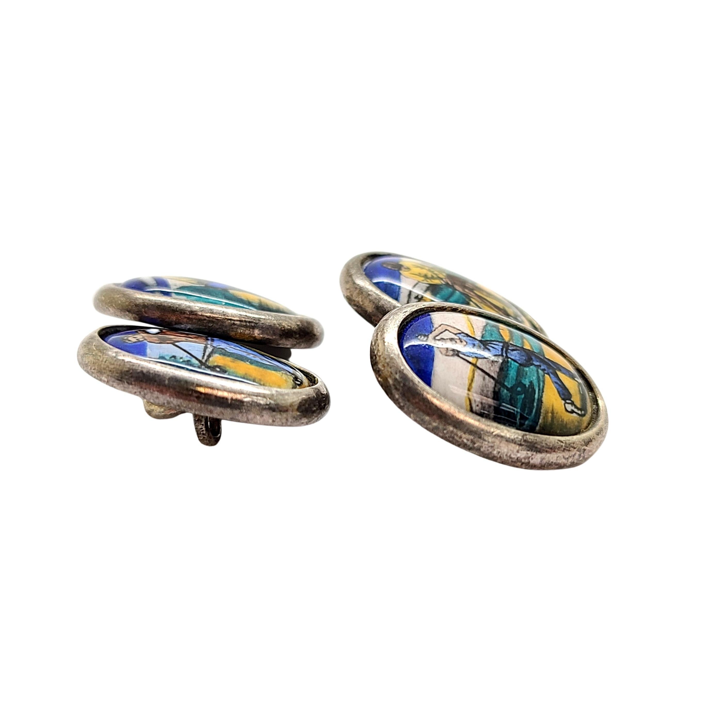 Sterling Silver Hand Painted Golf Cufflinks In Good Condition In Washington Depot, CT