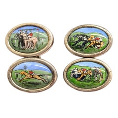 Vintage Sterling Silver Hand Painted Horse Racing Cufflinks