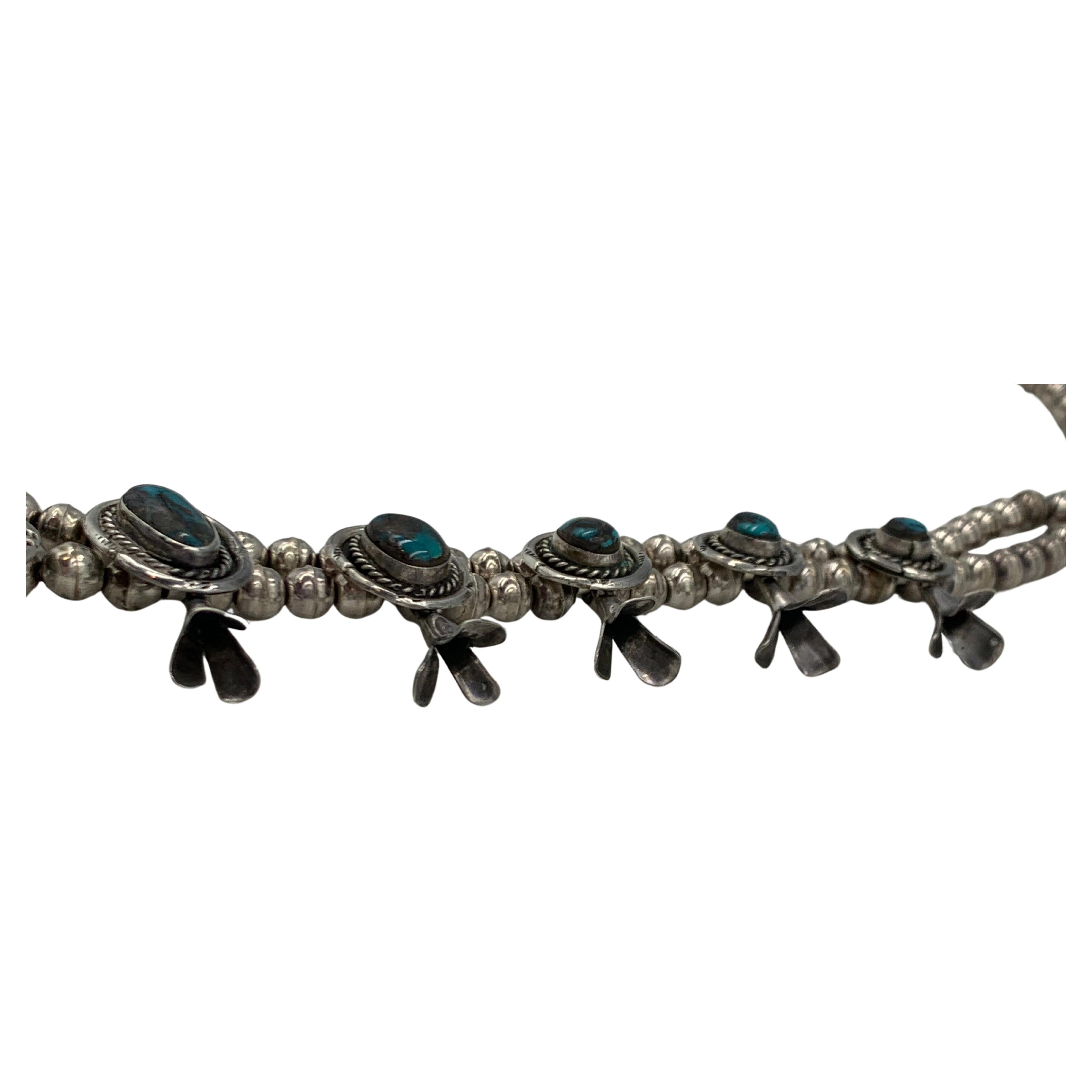 Sterling Silver Handmade Vintage Bisbee Turquoise Squash Blossom Necklace For Sale 5