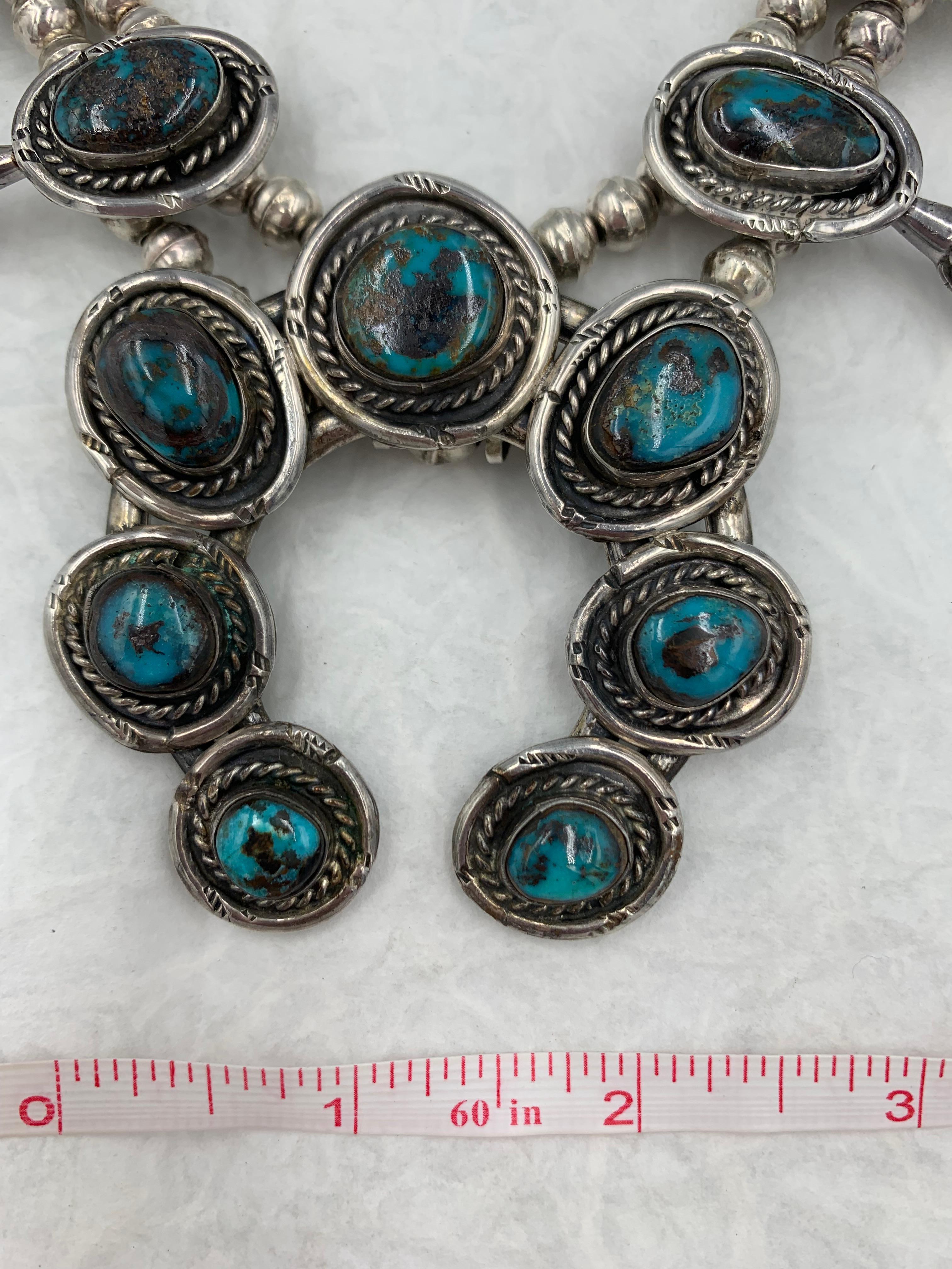 Sterling Silver Handmade Vintage Bisbee Turquoise Squash Blossom Necklace For Sale 6