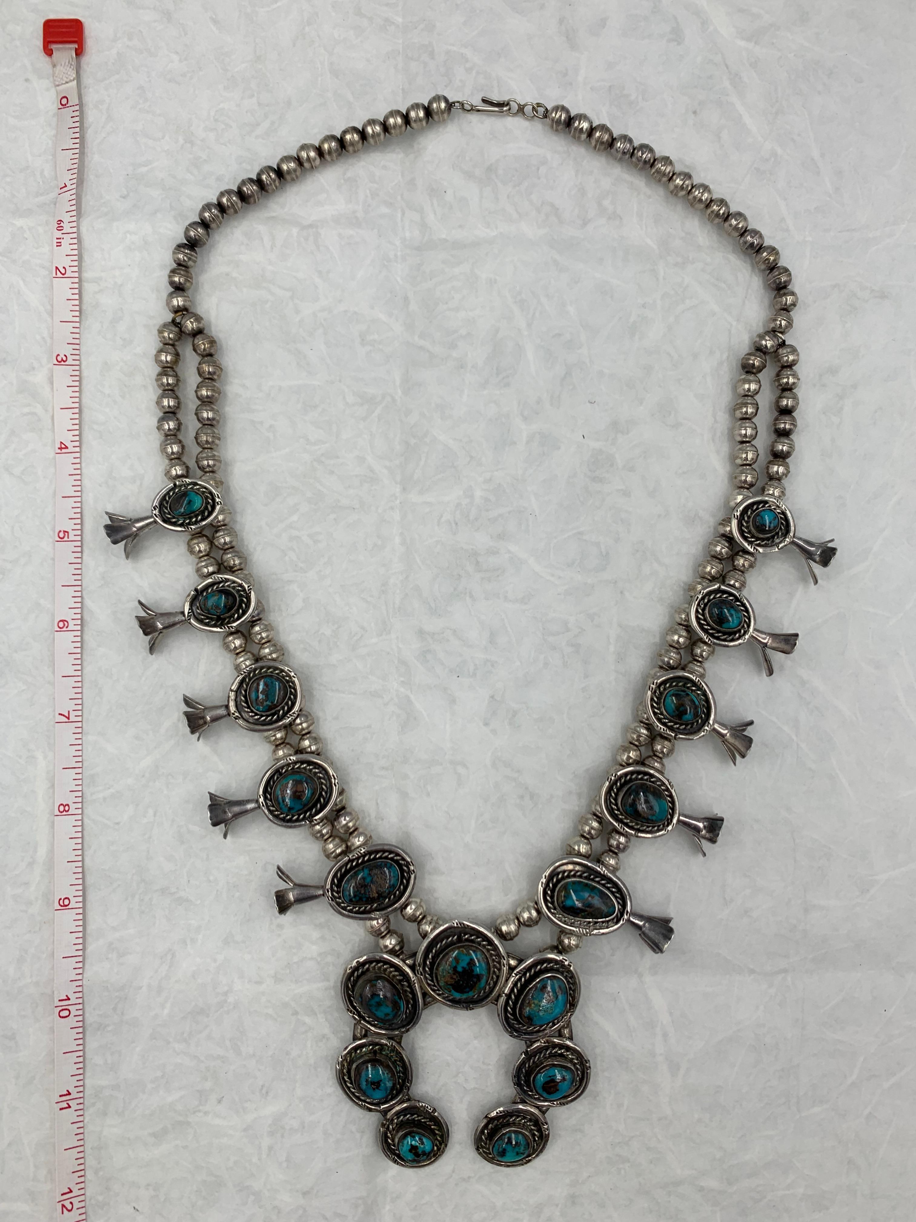 Sterling Silver Handmade Vintage Bisbee Turquoise Squash Blossom Necklace For Sale 7