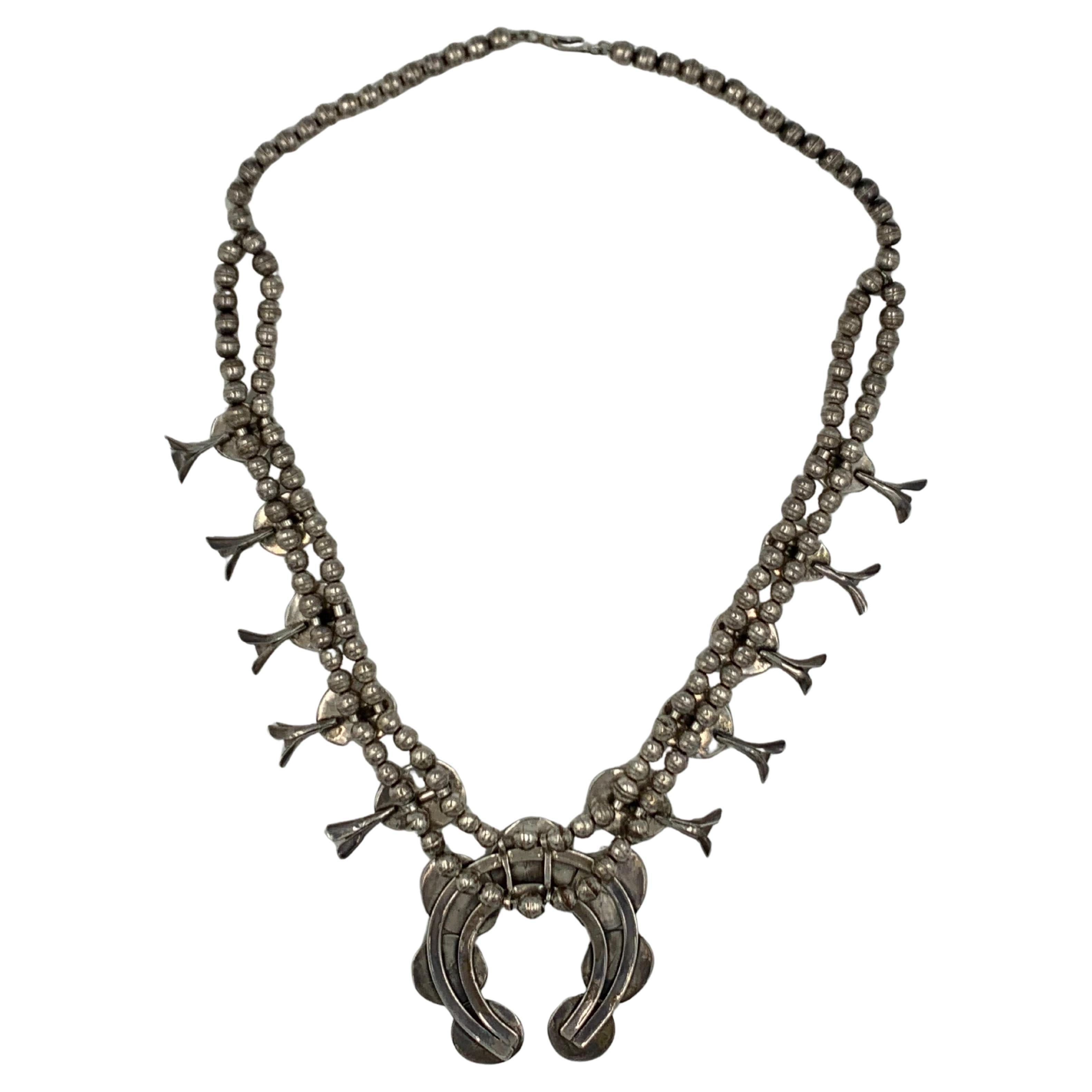 Sterling Silver Handmade Vintage Bisbee Turquoise Squash Blossom Necklace For Sale 8