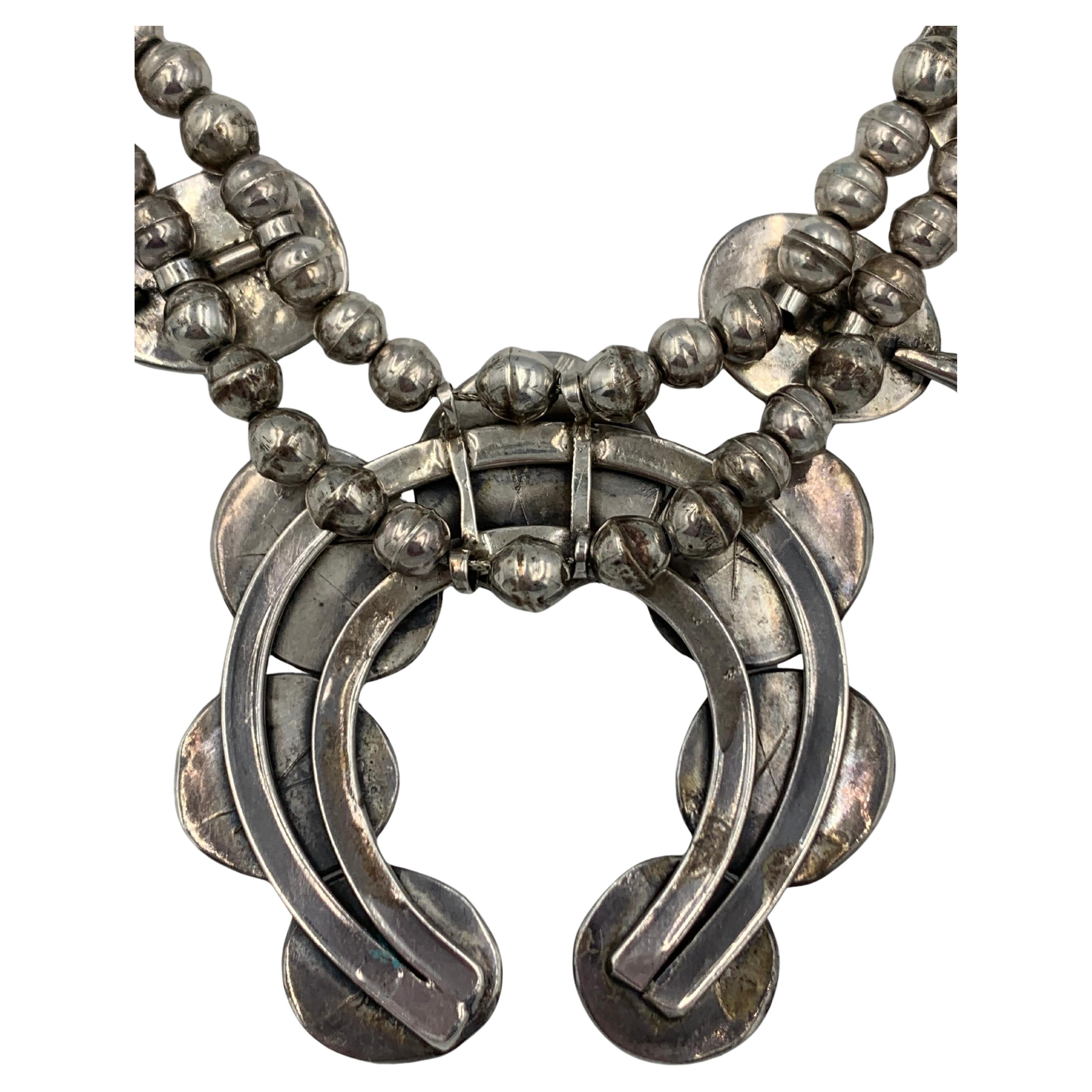 Sterling Silver Handmade Vintage Bisbee Turquoise Squash Blossom Necklace For Sale 9