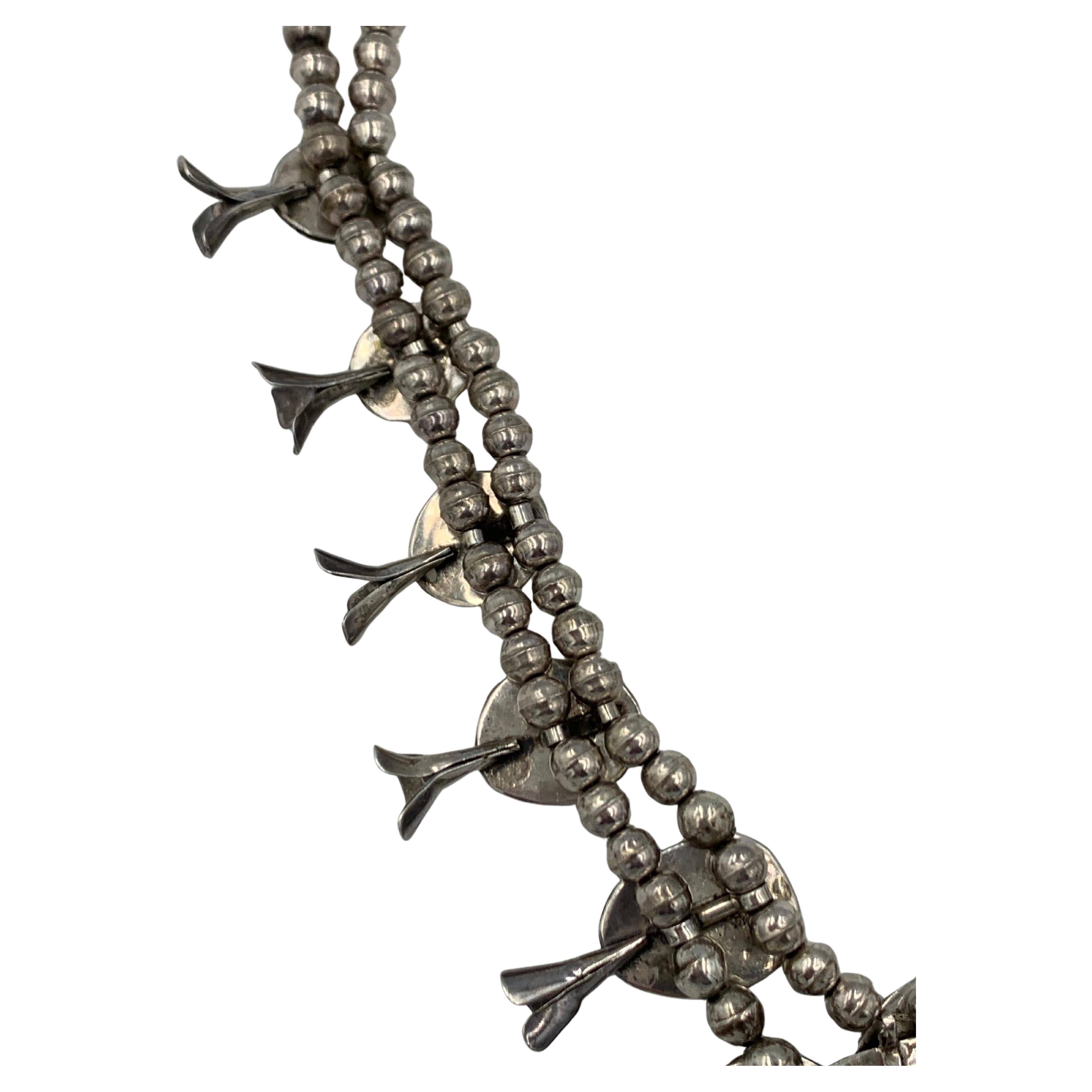 Sterling Silver Handmade Vintage Bisbee Turquoise Squash Blossom Necklace For Sale 10