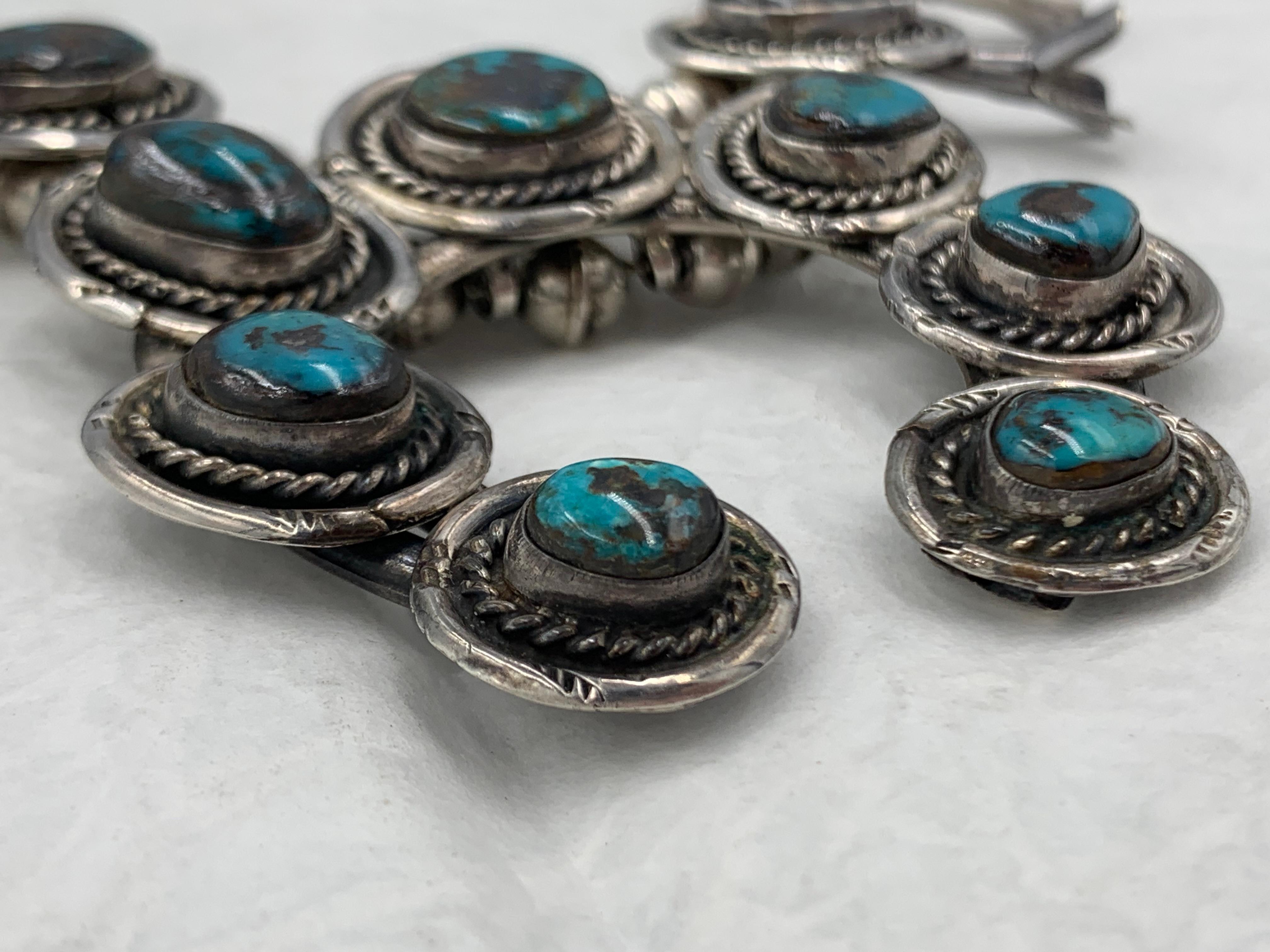 Native American Sterling Silver Handmade Vintage Bisbee Turquoise Squash Blossom Necklace For Sale