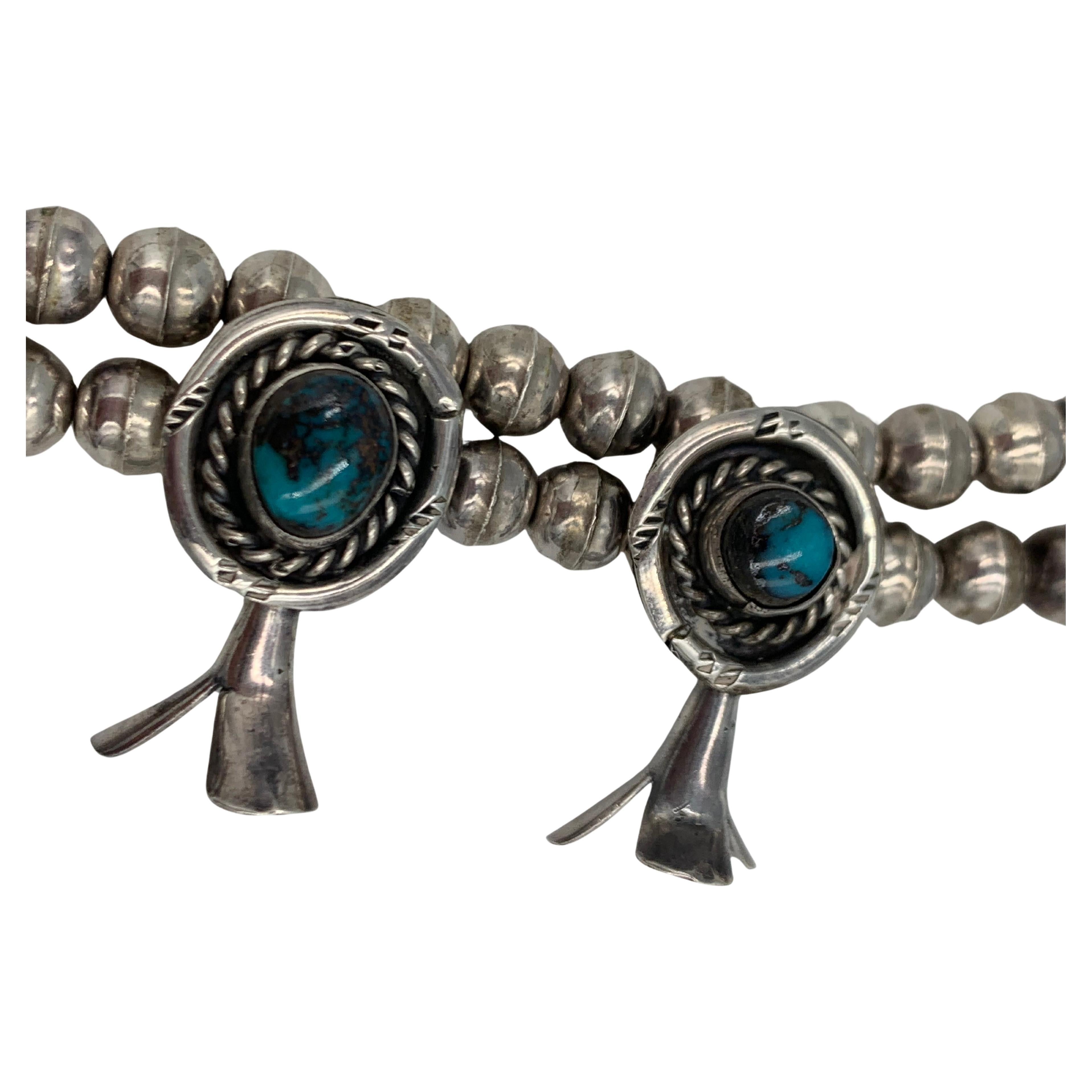 Women's or Men's Sterling Silver Handmade Vintage Bisbee Turquoise Squash Blossom Necklace For Sale